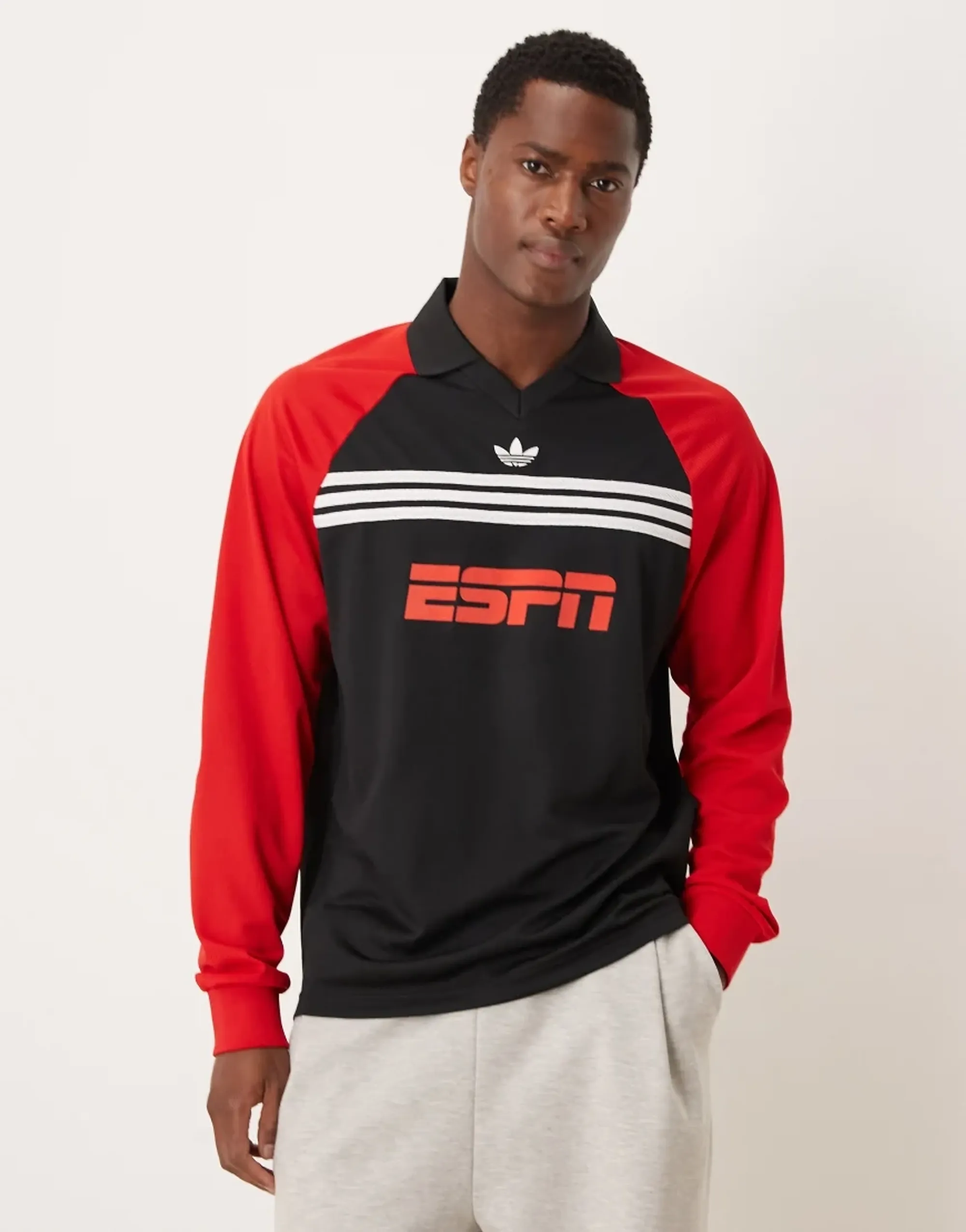 Adidas Originals Espn Long Sleeve Polo In Black And Red