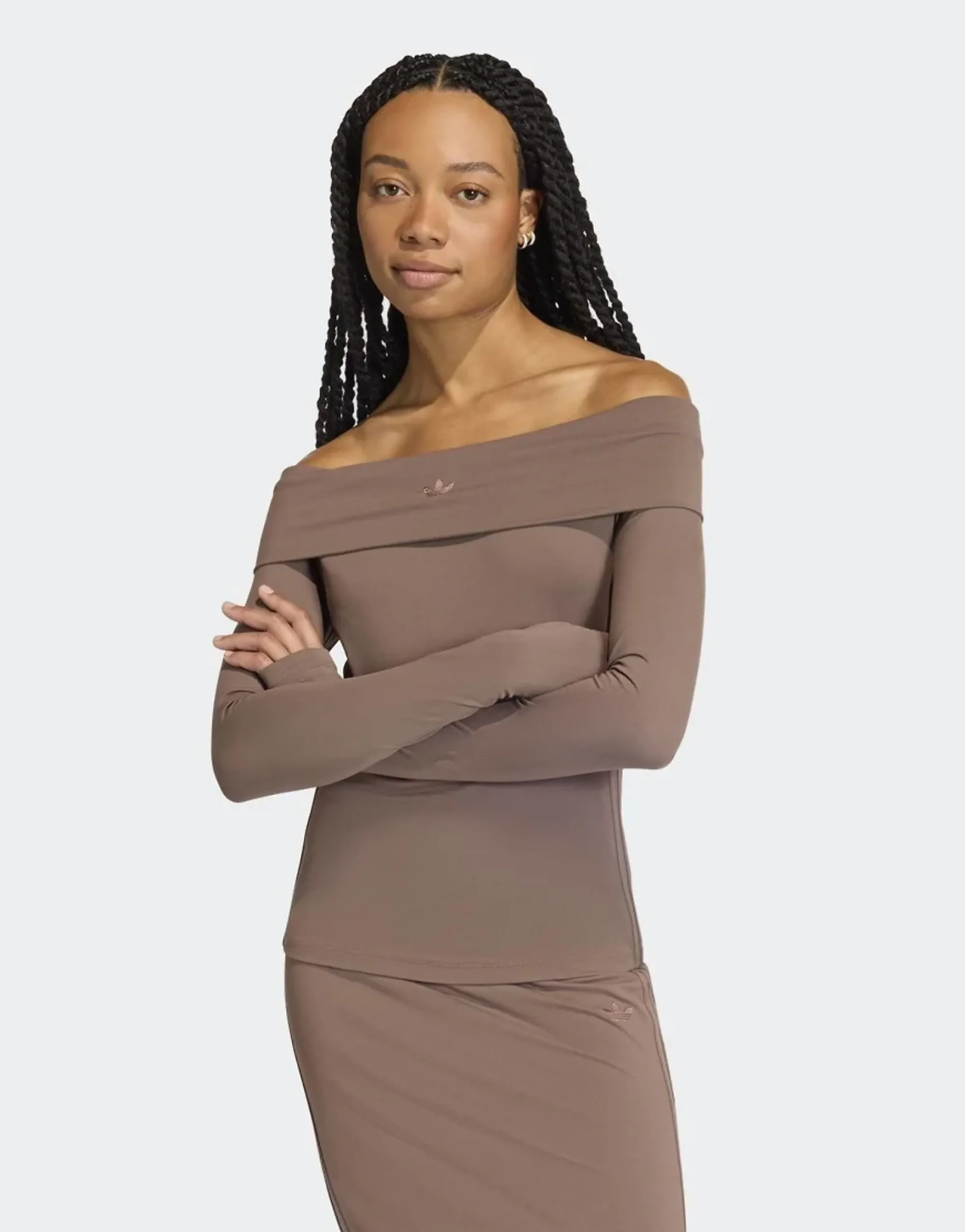 Adidas Originals Off-Shoulder Long Sleeve Top In Brown