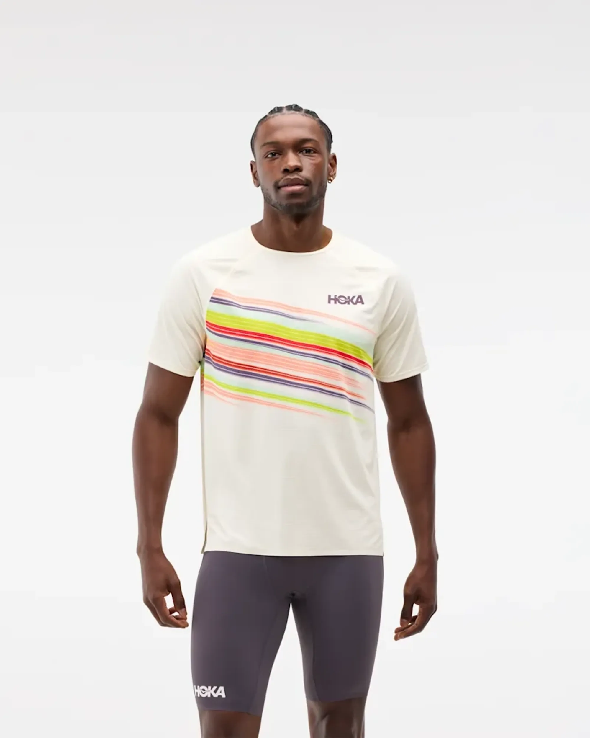 Hoka Men's Race Day Short Sleeve Top In Alabaster Flare