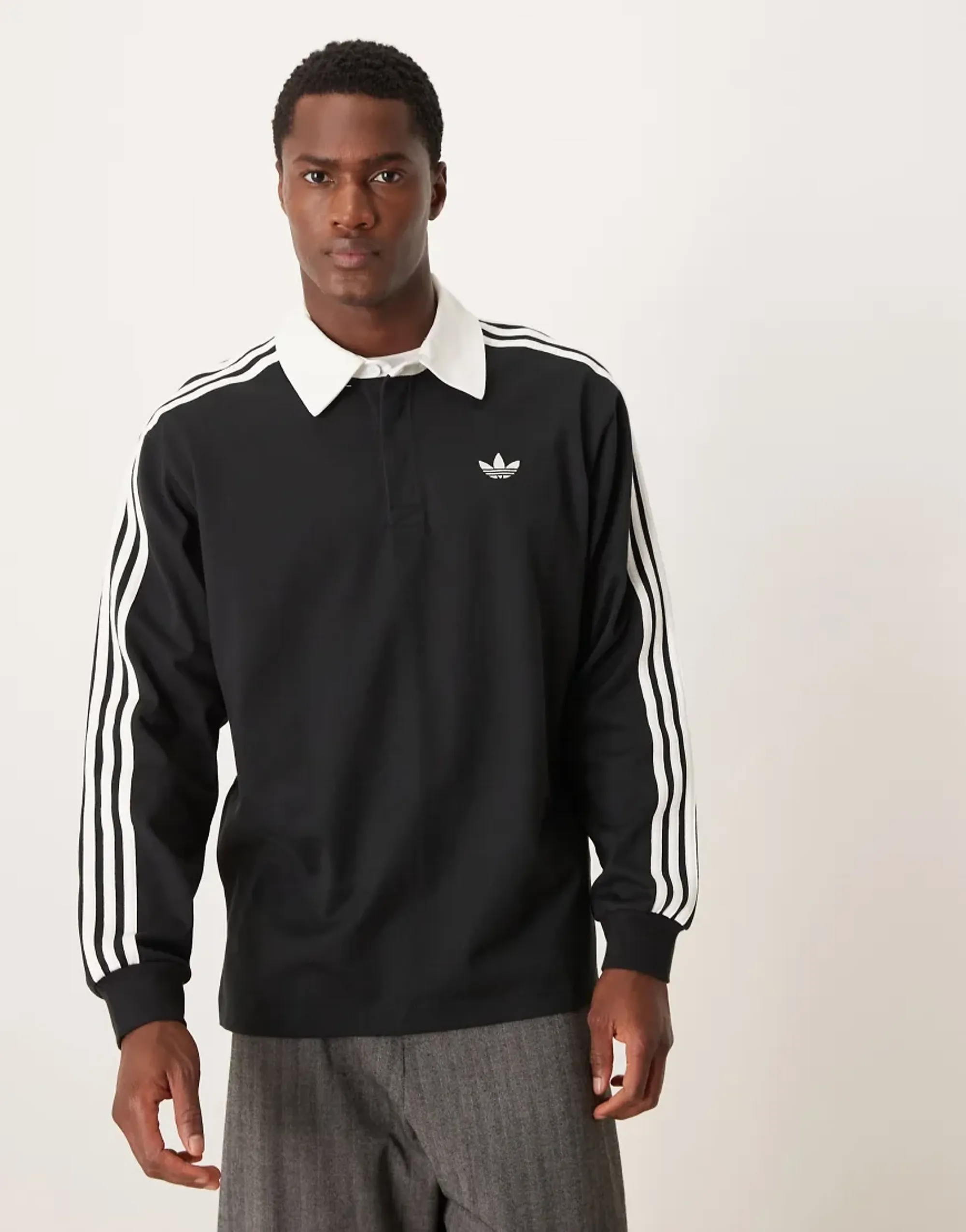Adidas Originals Three Stripe Long Sleeve Polo In Black