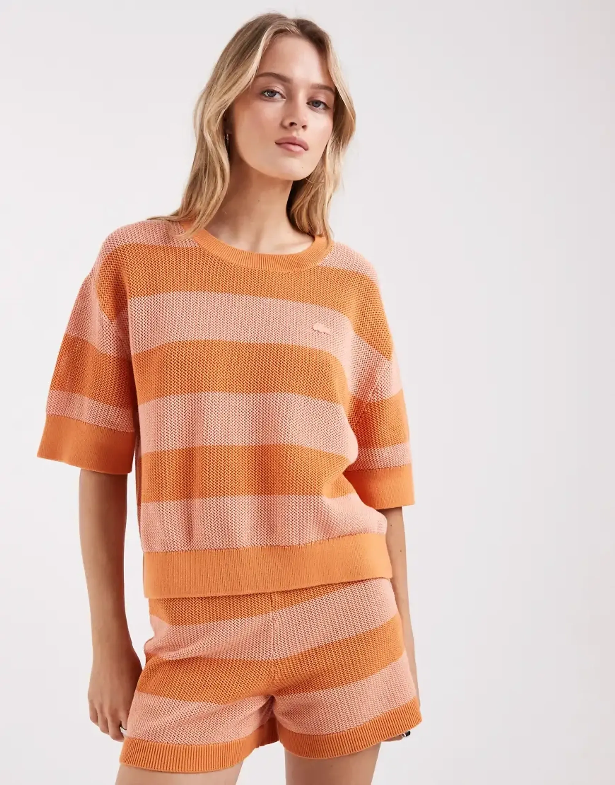 Lacoste Striped Mesh Knit T-shirt - Orange / Rose