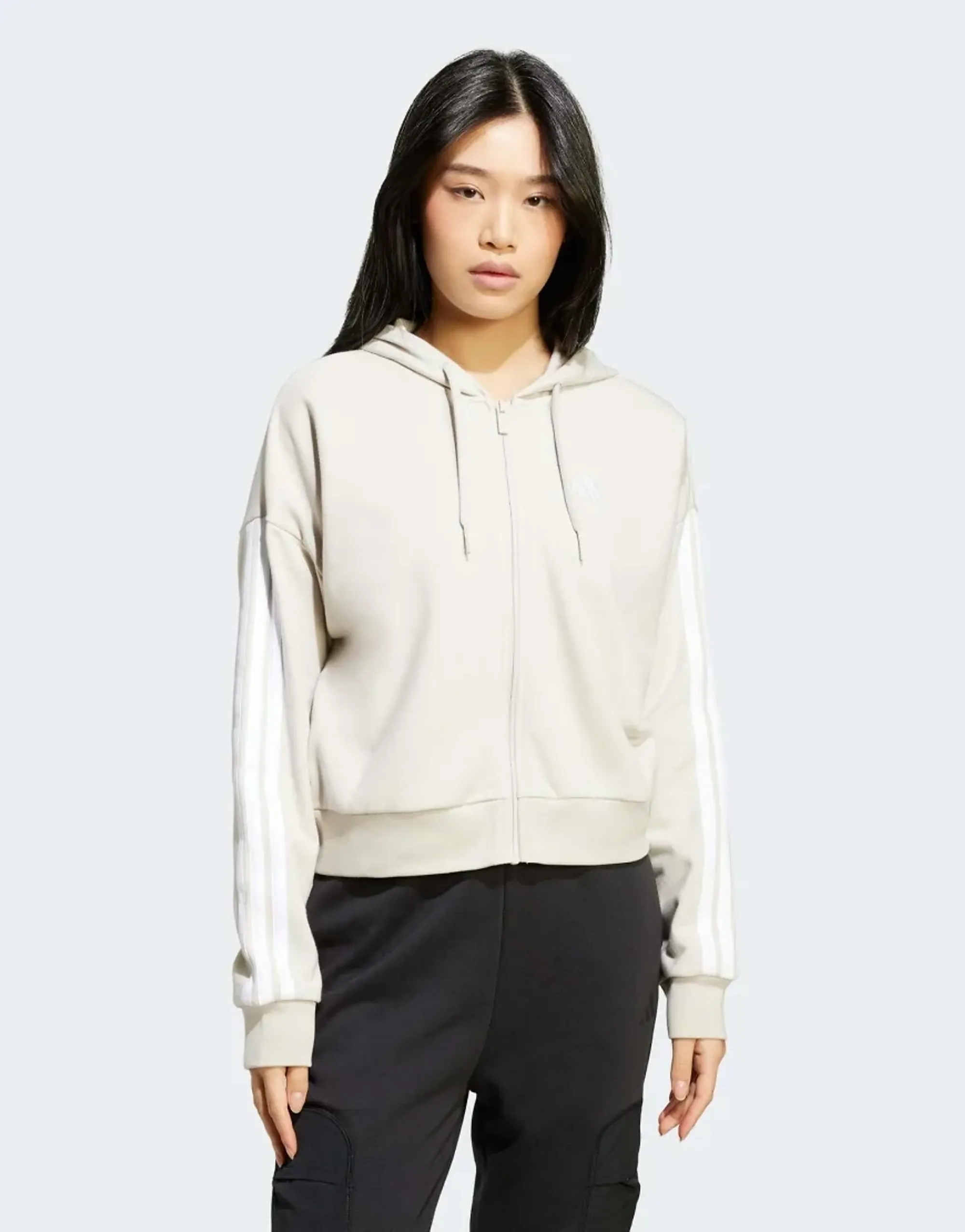 Adidas Performance Essentials 3-Stripes French Terry Full-Zip Hoodie In Beige / White-Neutral