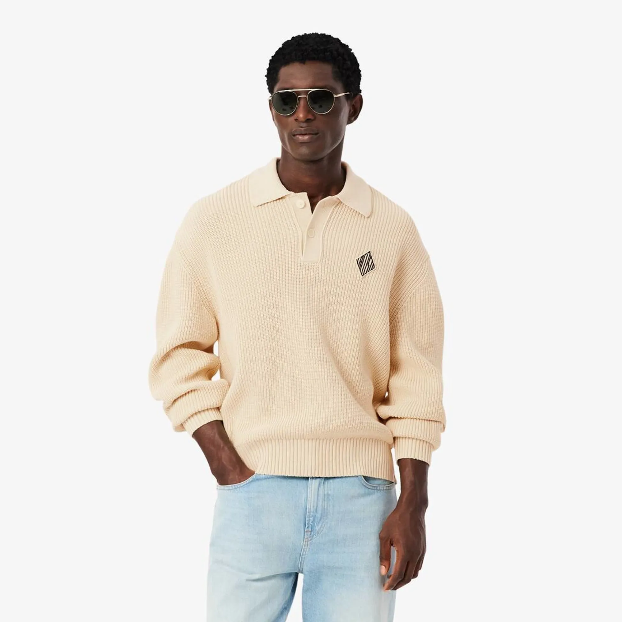 Lacoste Badge Accent Pearl Rib Polo Collar Sweater - Lemon Beige