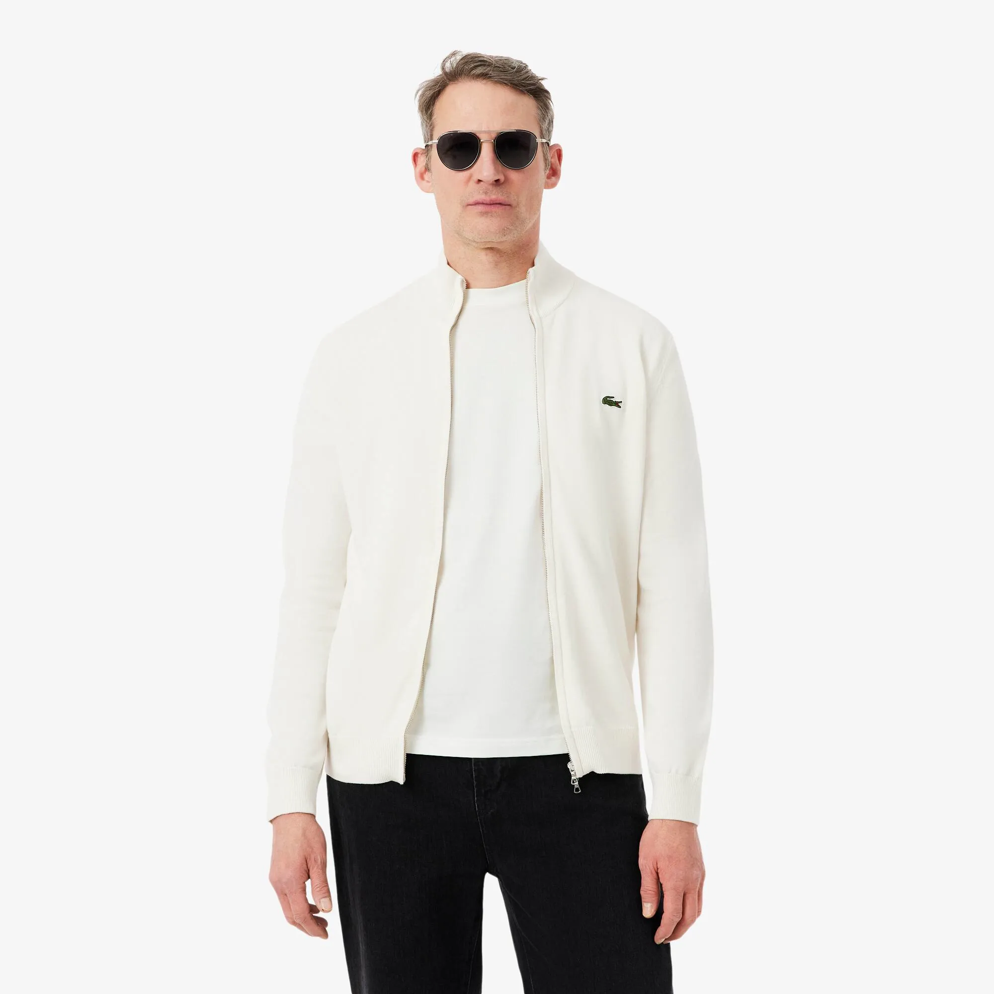 Lacoste Zipped High Neck Cotton Sweater - White