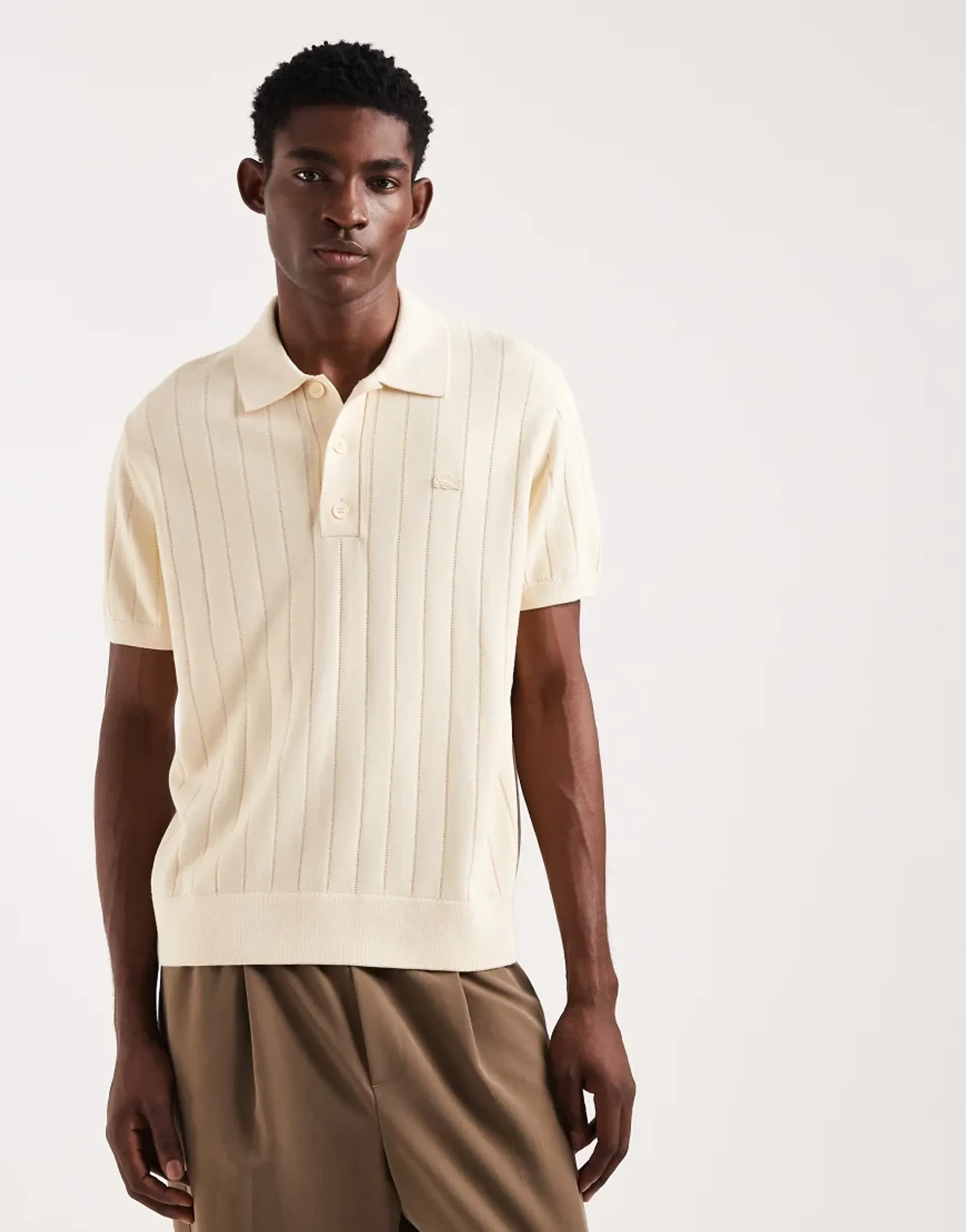 Lacoste Fluid Ribbed Knit Polo Collar Sweater - Beige