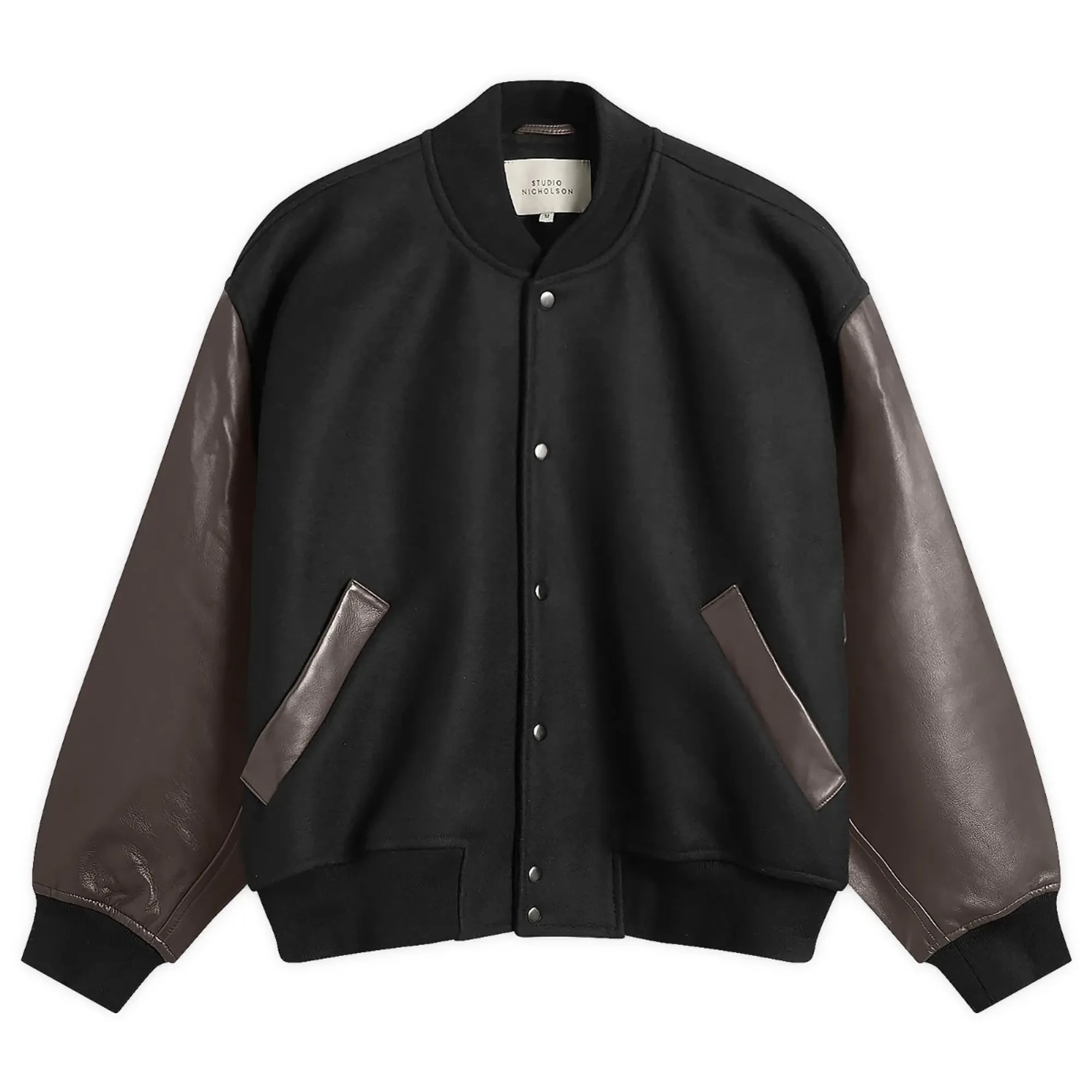 Studio Nicholson Men's Alph Leather Wool Varsity Bomber Jacket Black/Cocoa
