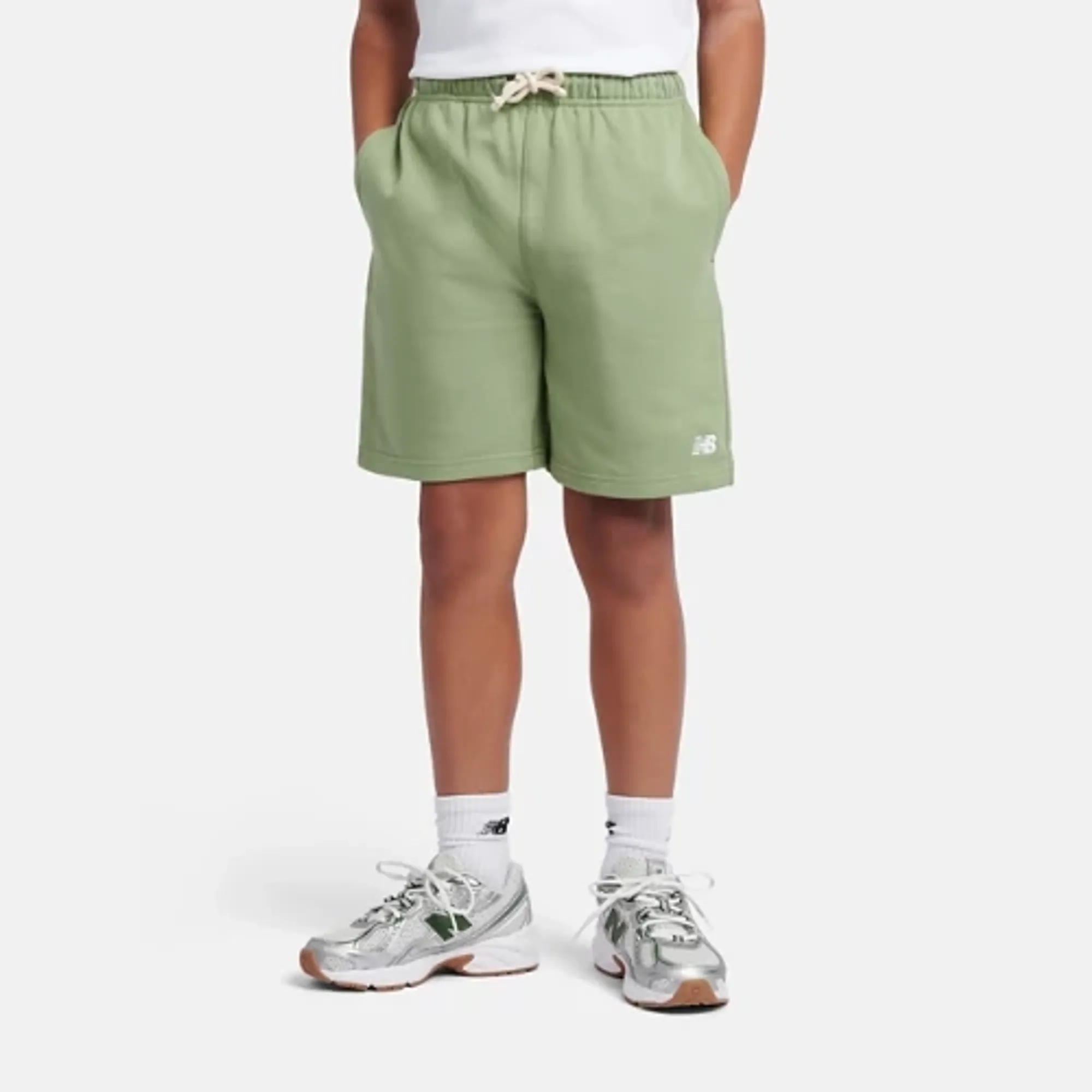 New Balance Boys French Terry Small Logo Short in Green Cotton