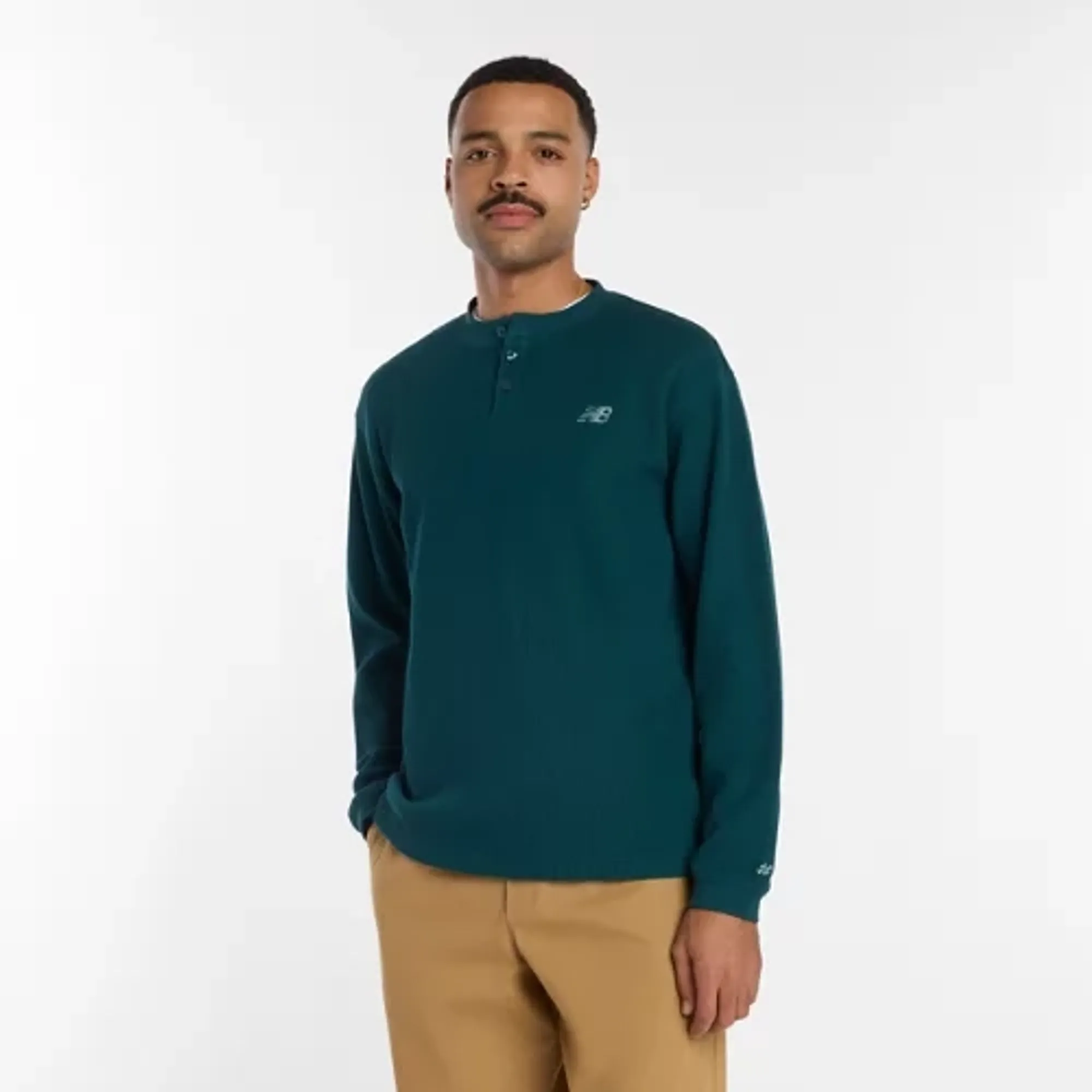 New Balance Men's Numeric Waffle Knit Long Sleeve Henley in Green Cotton