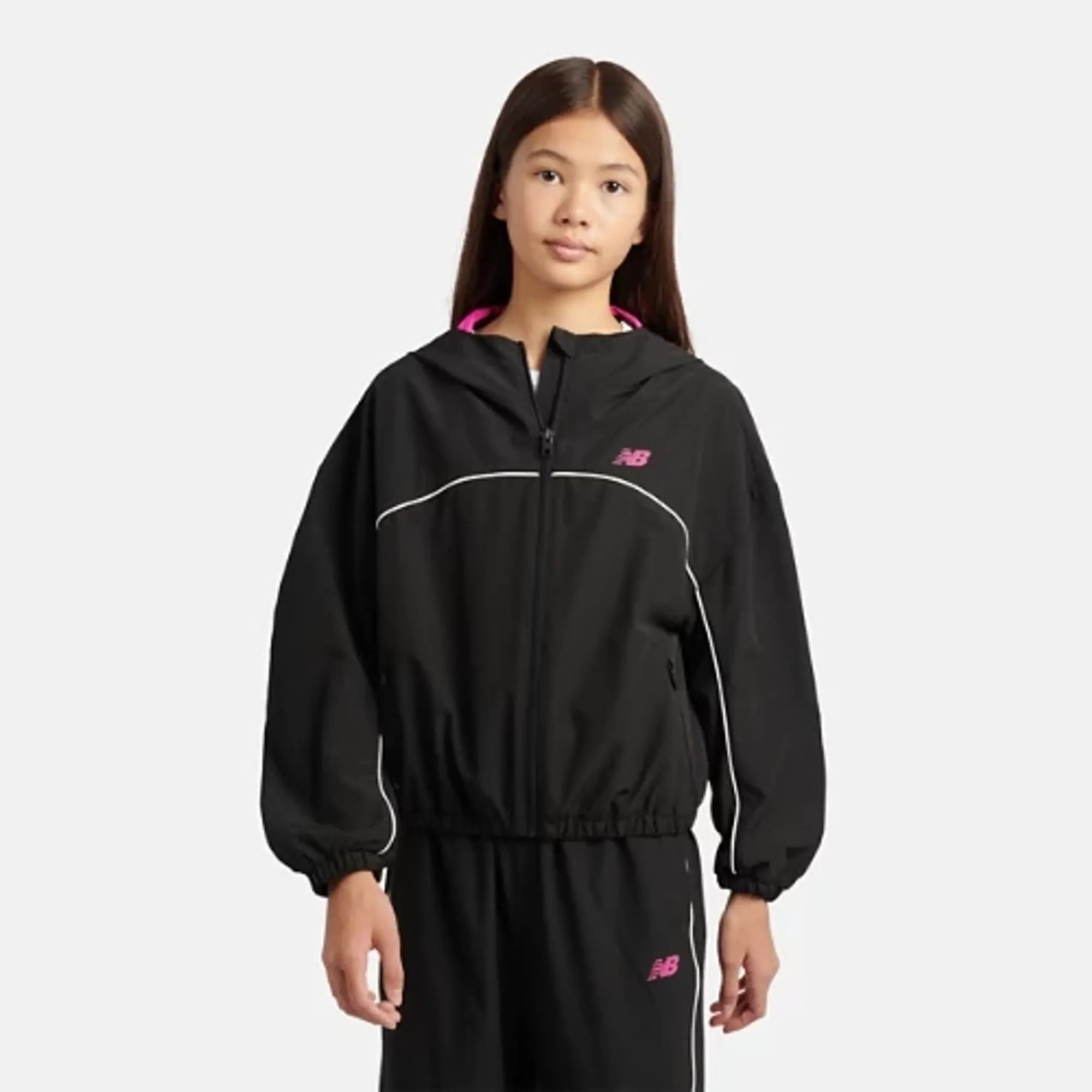 New Balance Girls Contrast Piping Track Jacket in Black Poly Knit