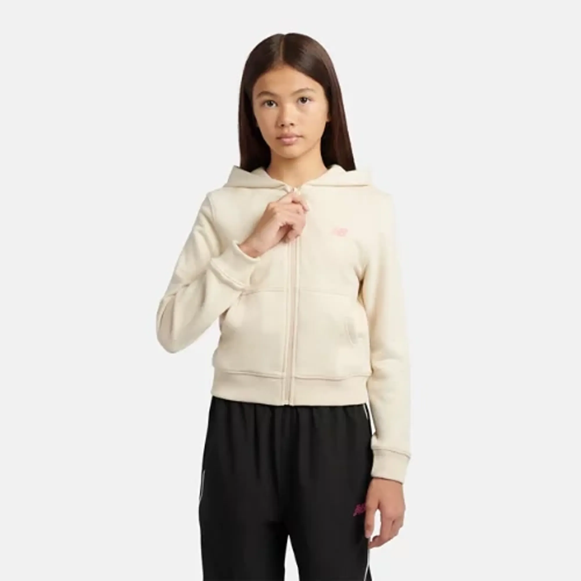 New Balance Girls Athletics Arch FT Hoodie in Beige Cotton Jersey