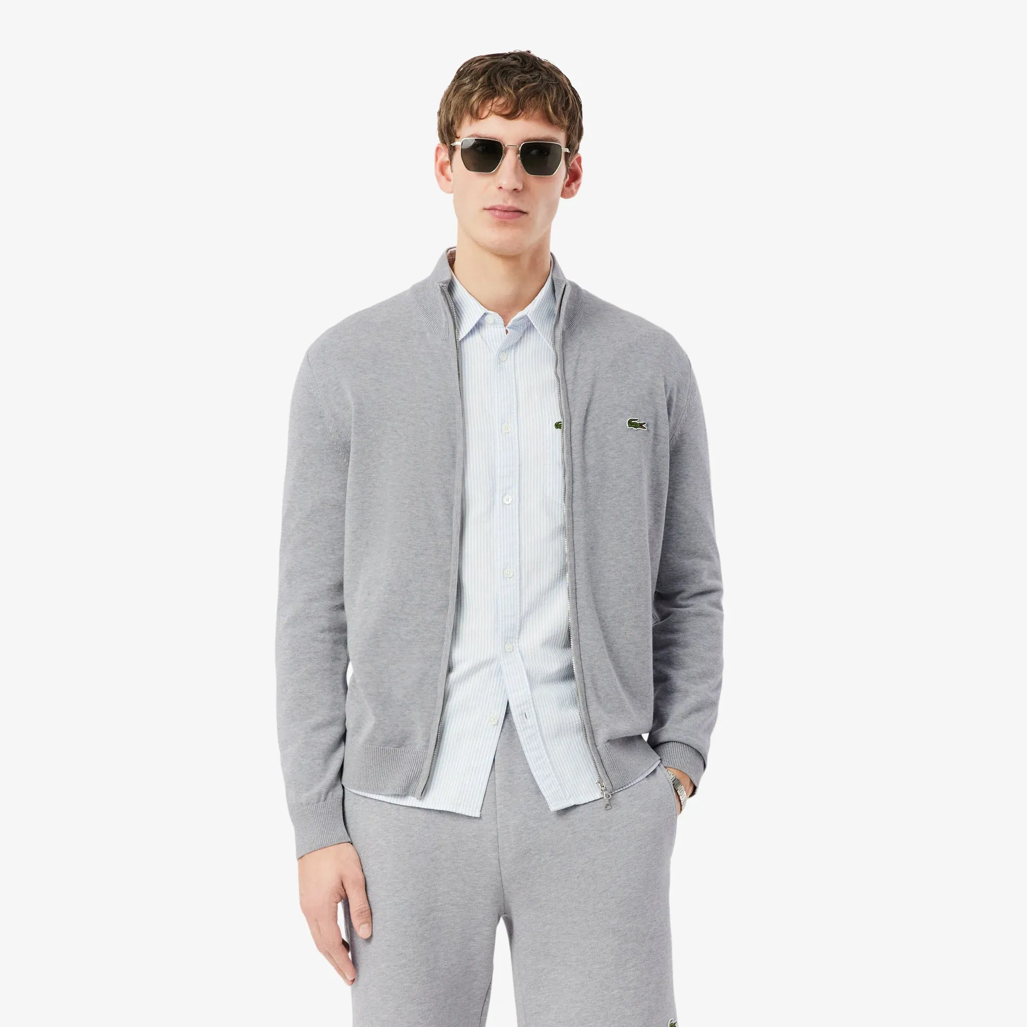 Lacoste Zipped High Neck Cotton Sweater - Light Heathered Grey