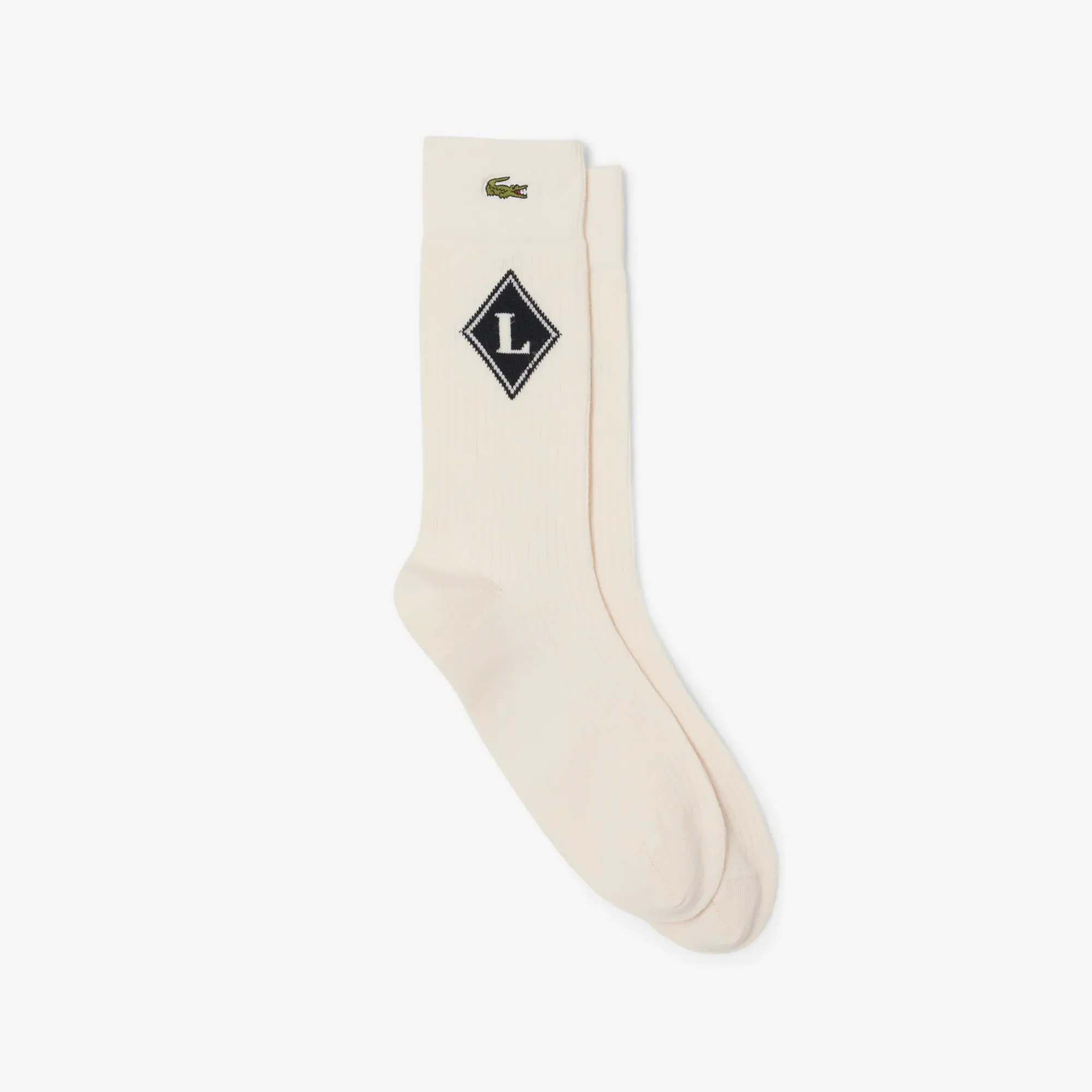 Lacoste French-Made Ribbed Knit Socks - Beige / Noir