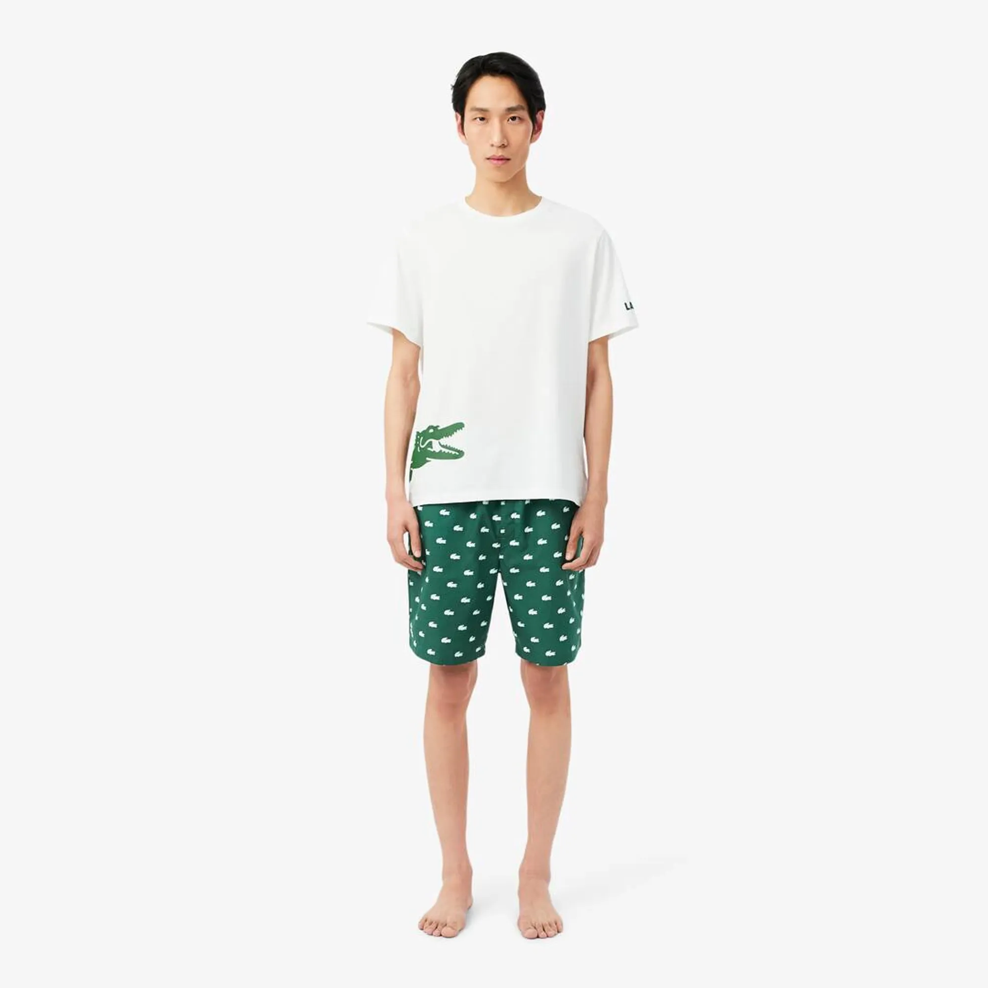 Lacoste Striped Poplin Pajama Shorts - Green / White