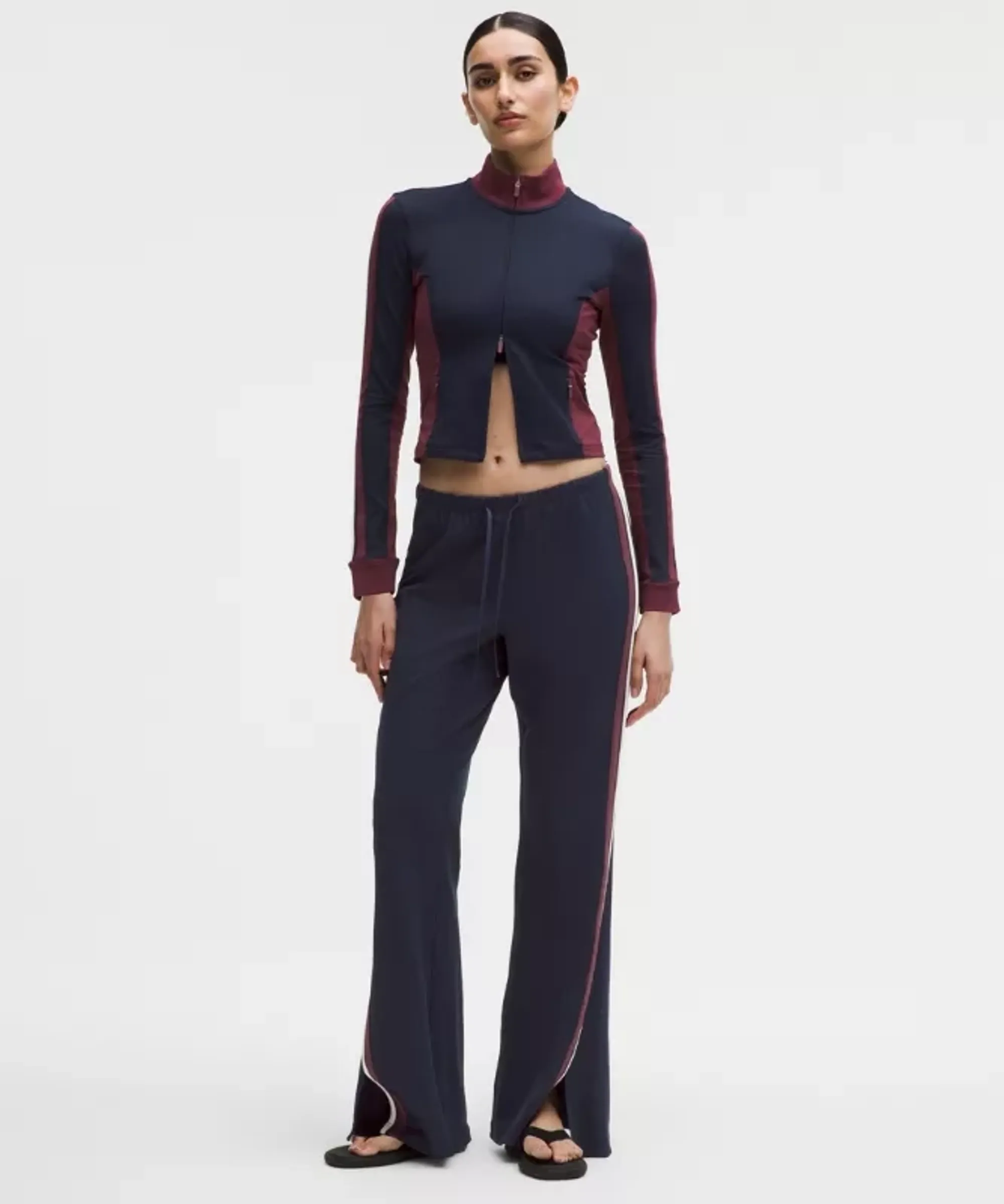 lululemon – Women's Striped Slim-Fit Mid-Rise Track Pants – Color Burgundy/Blue/Red – Size Large