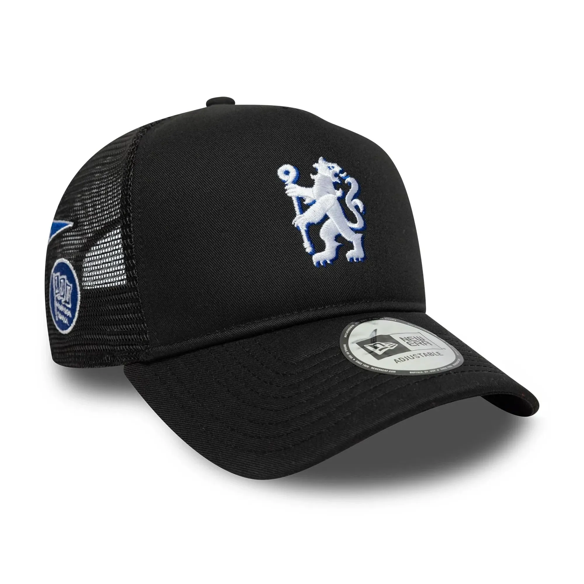 Chelsea FC Lion Crest Patch Black 9FORTY A-Frame Trucker Cap New Era Cap adult unisex