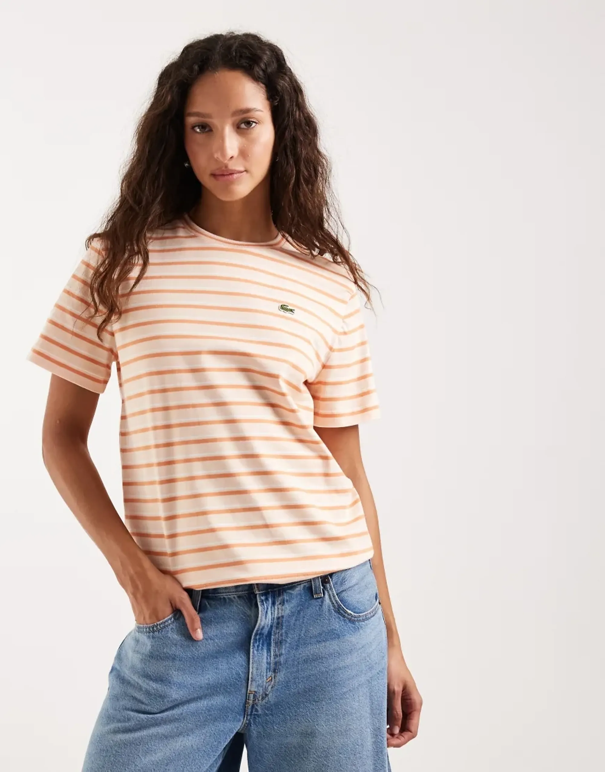 Lacoste Striped Jersey T-shirt - Rose Pale / Orange / Blanc
