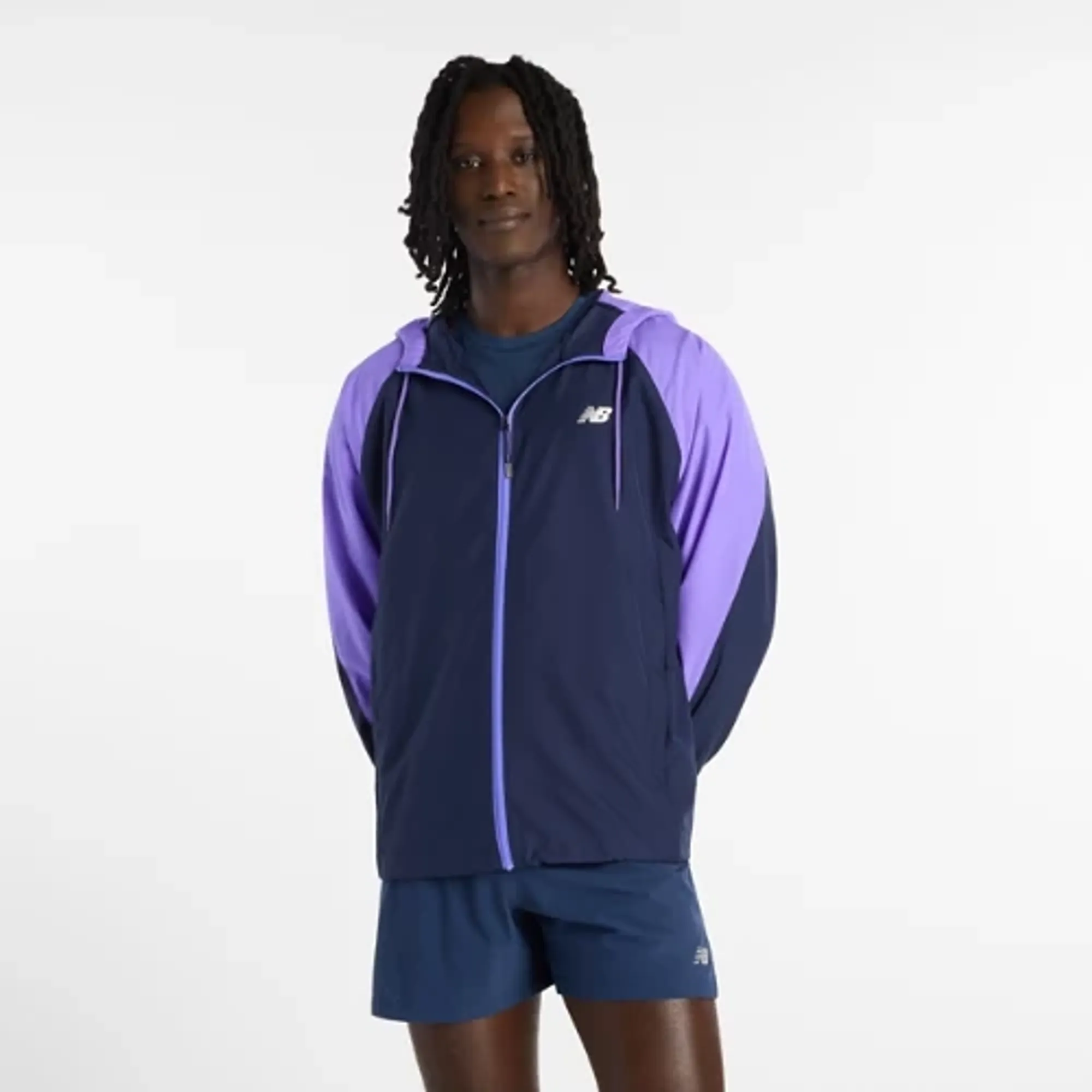 New Balance Men's Athletics Light Packable Jkt in Blue/Purple Polywoven