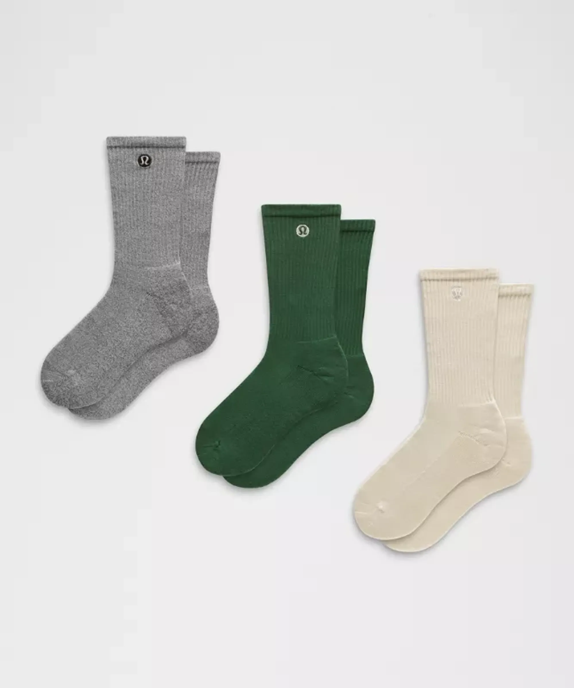 lululemon – Daily Essential Crew Socks 3 Pack – Color Light Grey/White/Green – Size Large