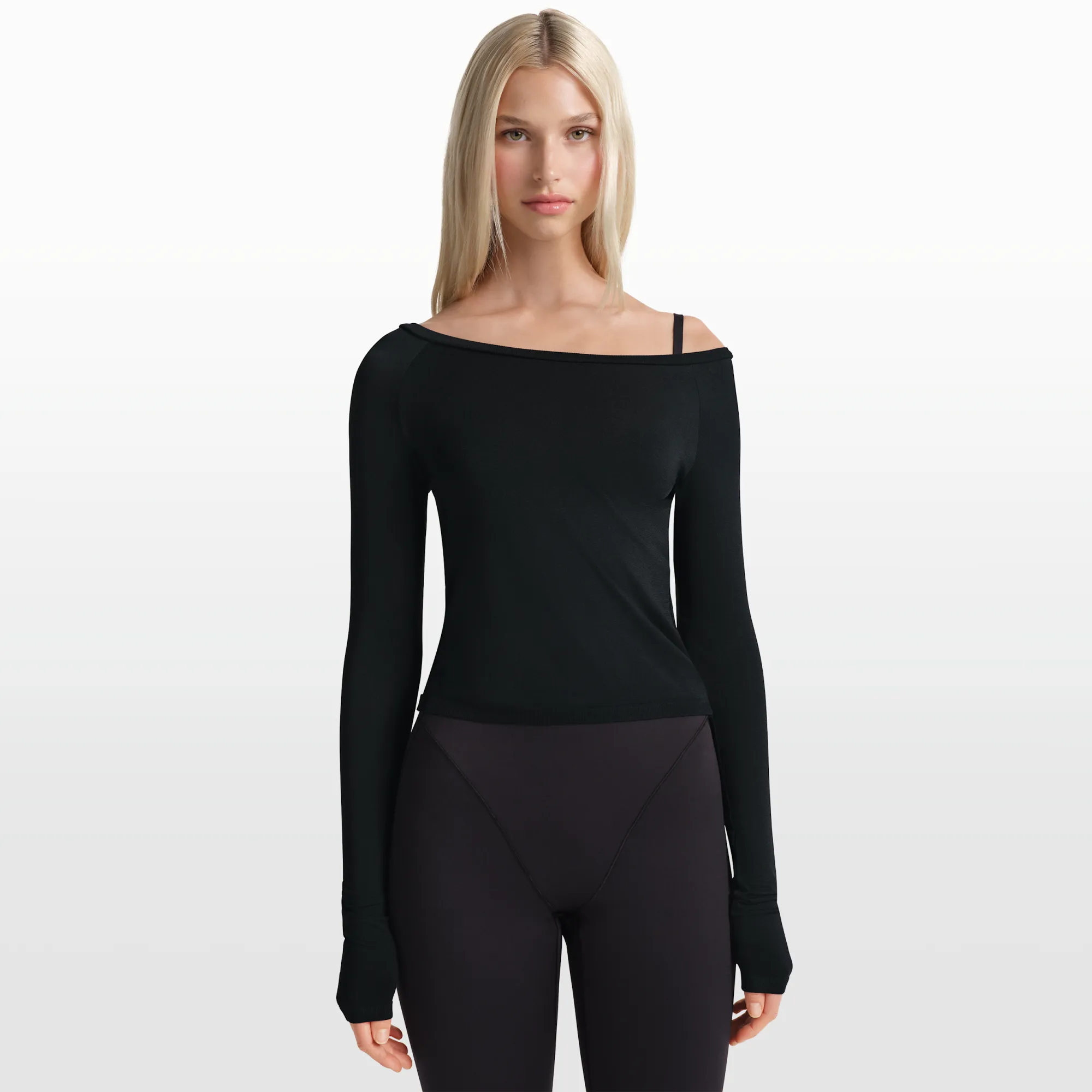 NikeSKIMS Stretch Knit Women's Off-Shoulder Long-Sleeve Top - Black - Acetate/Nylon