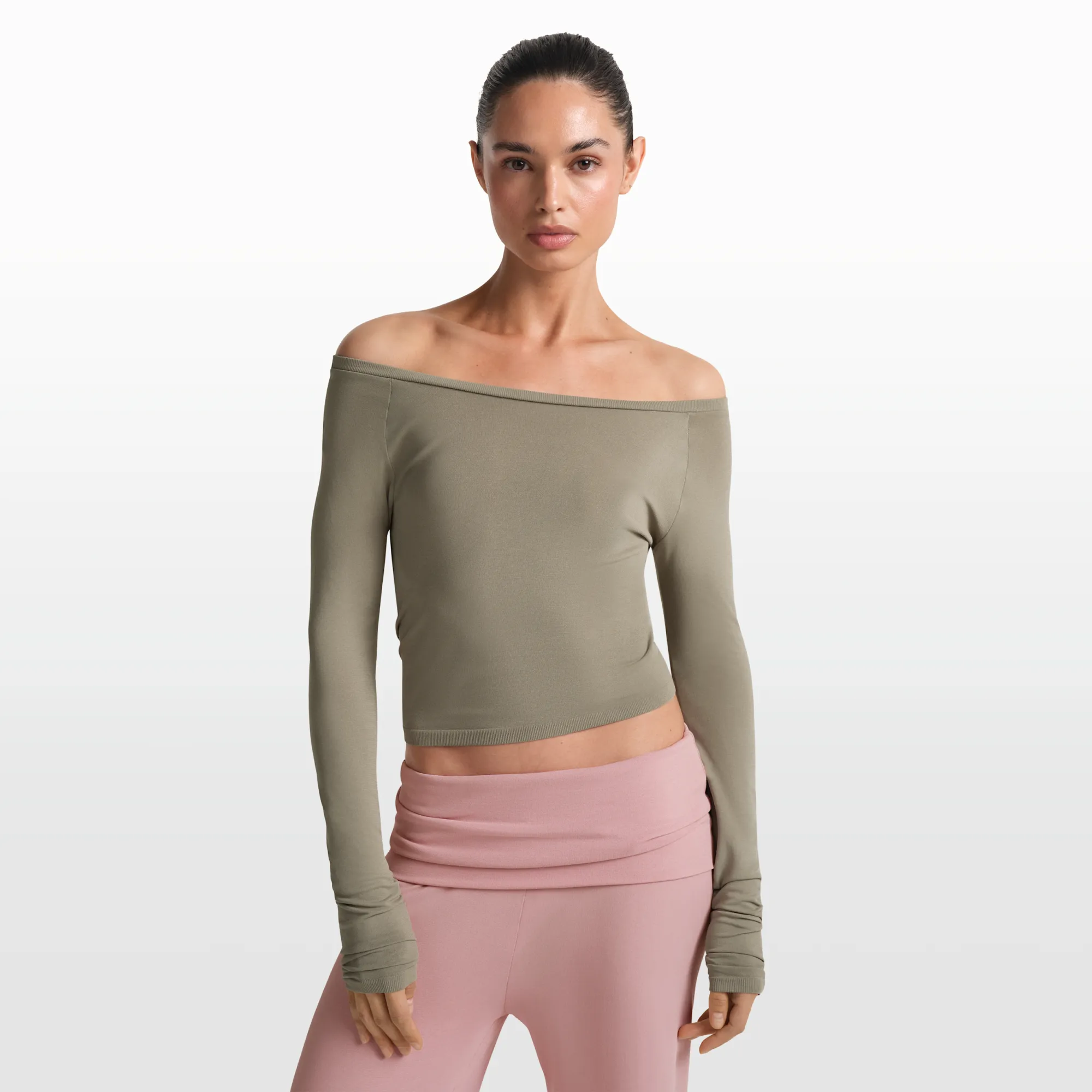 NikeSKIMS Stretch Knit Women's Off-Shoulder Long-Sleeve Top - Brown - Acetate/Nylon