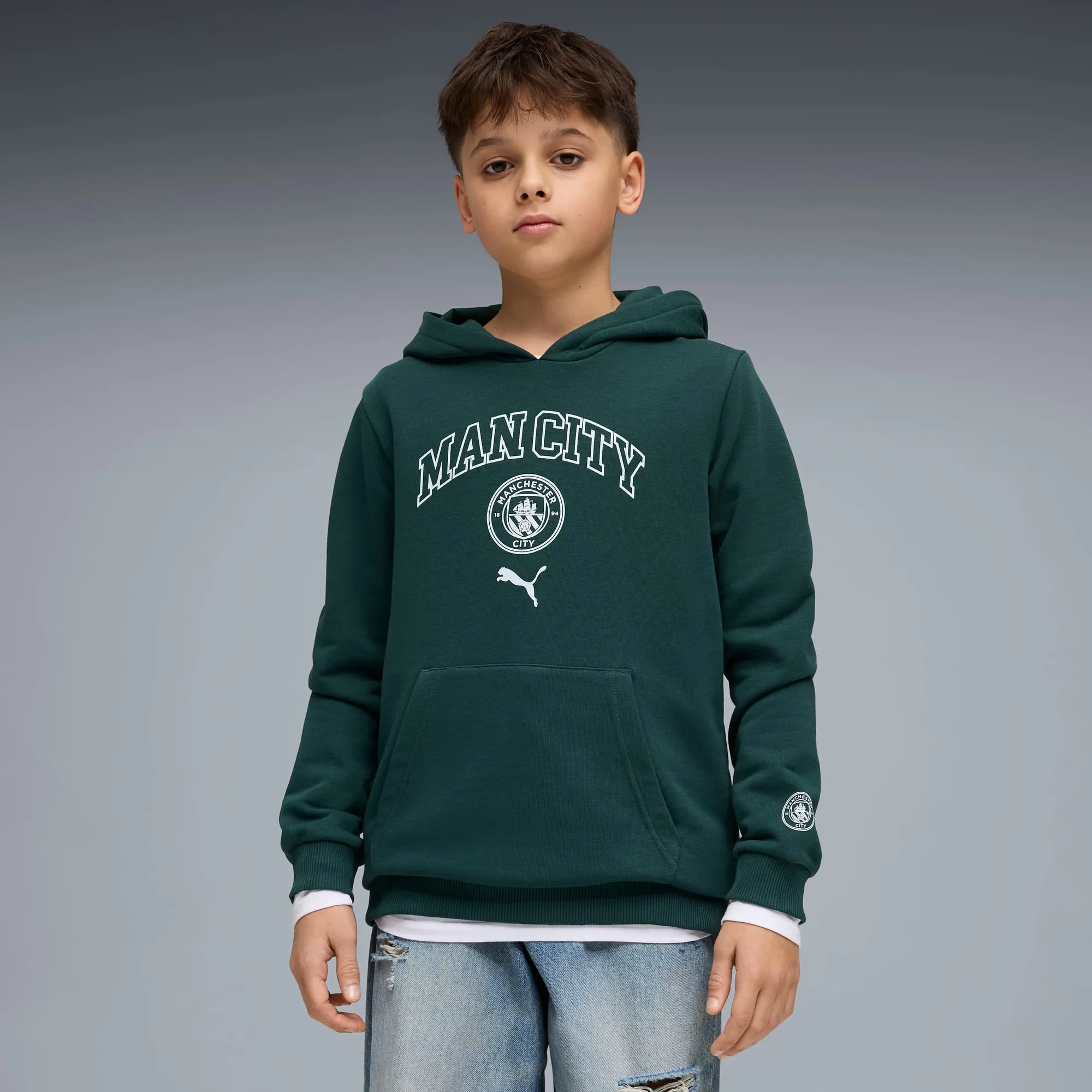 PUMA Manchester City Ftblculture Hoodie Youth, Green Terrain/Sea Glass, size 11-12 Youth
