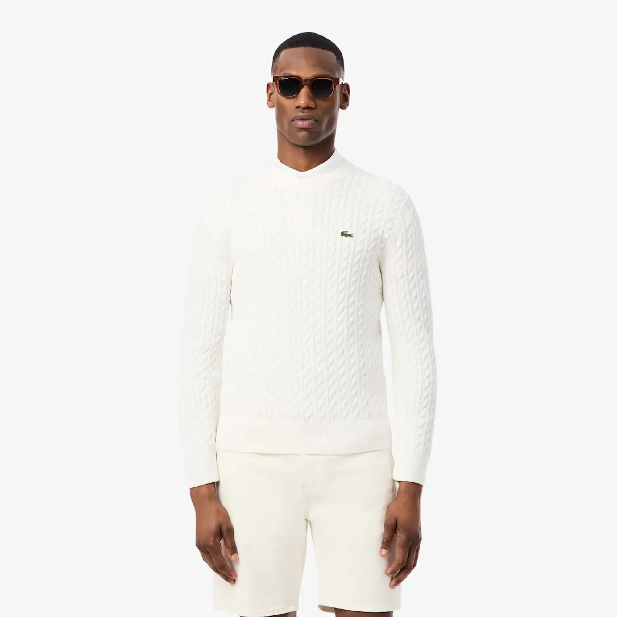 Lacoste Cable Knit Cotton Sweater - White / Green