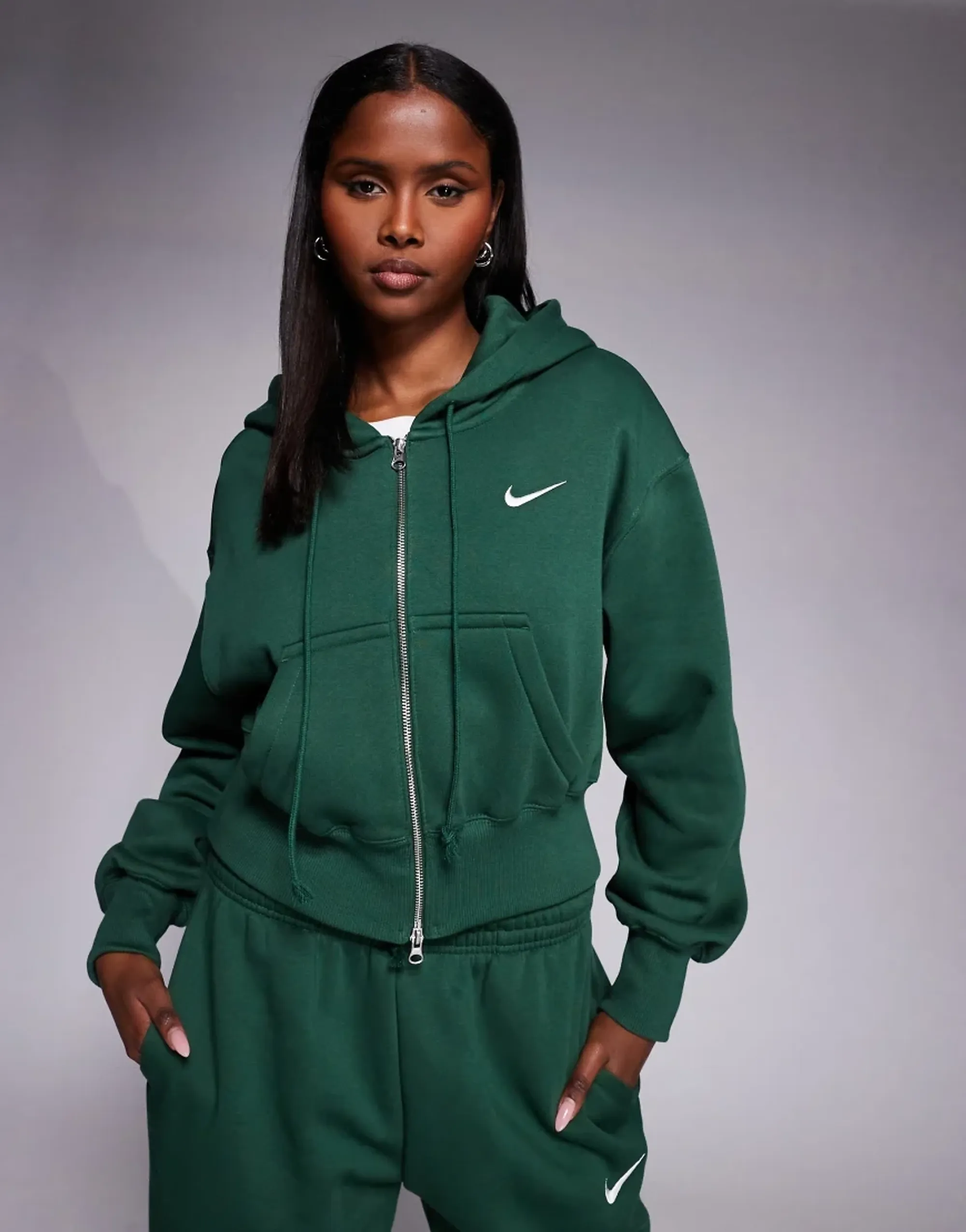 Nike Womens Phoenix Crop Fleece Full Zip Hoodie - Green - Size M - Green