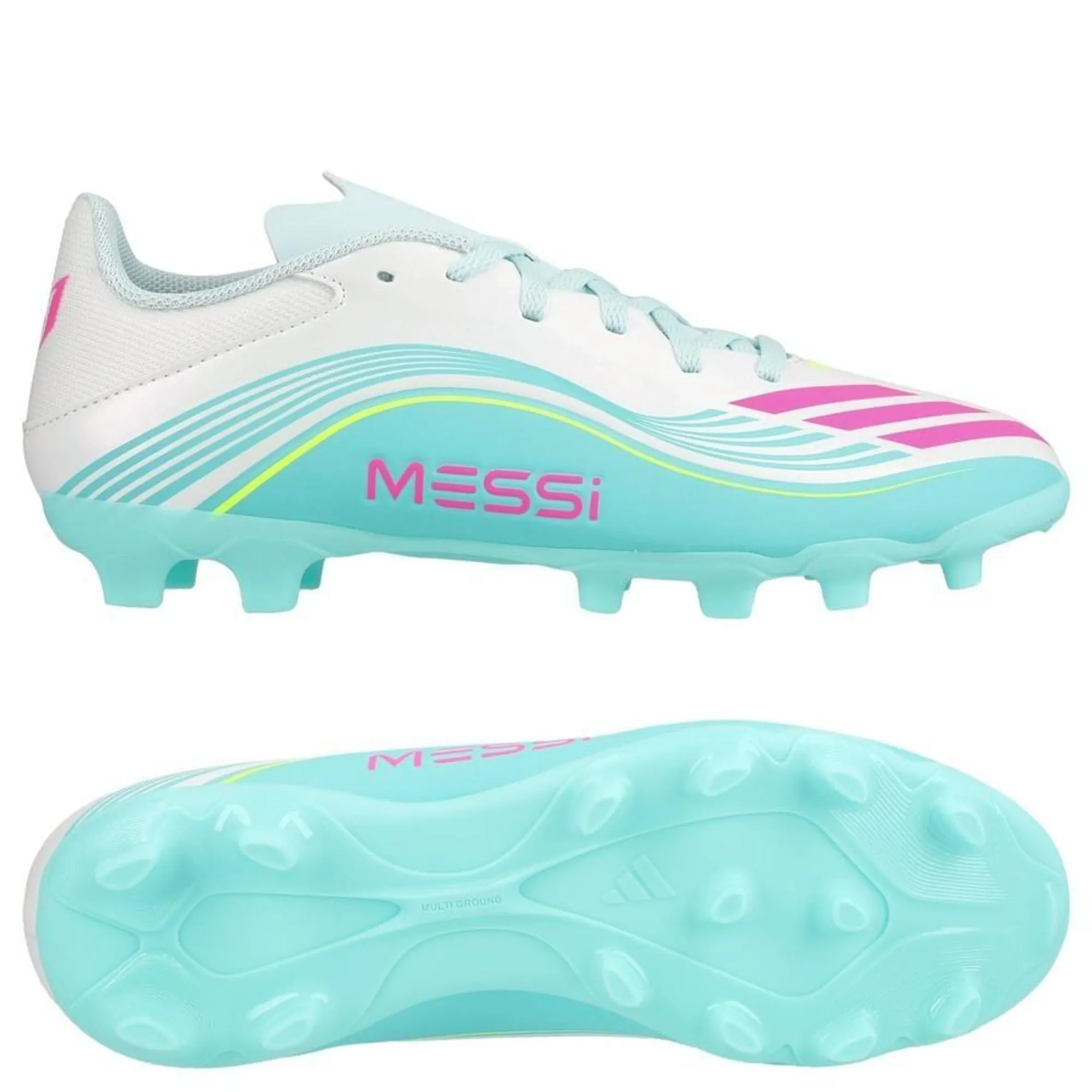Adidas F50 Messi League Mg Aurora Radiante - Footwear White/Lucid Pink/Flash Aqua Footwear White Kids - ['Turquoise']