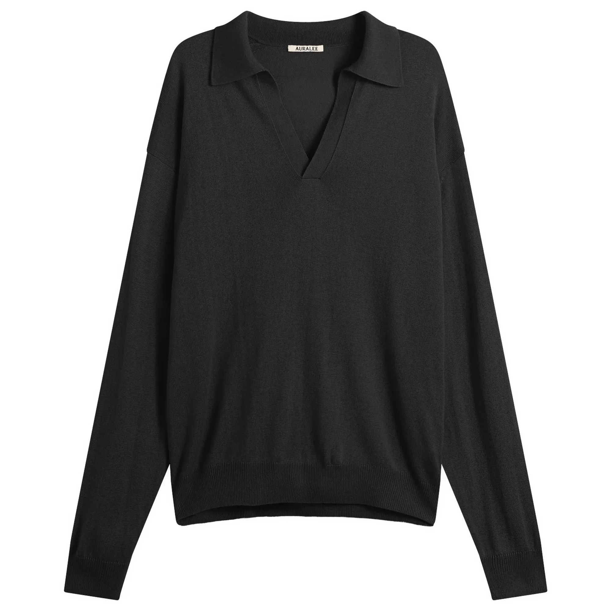 Auralee Men's Cashmere Silk Knit Skipper Polo Black