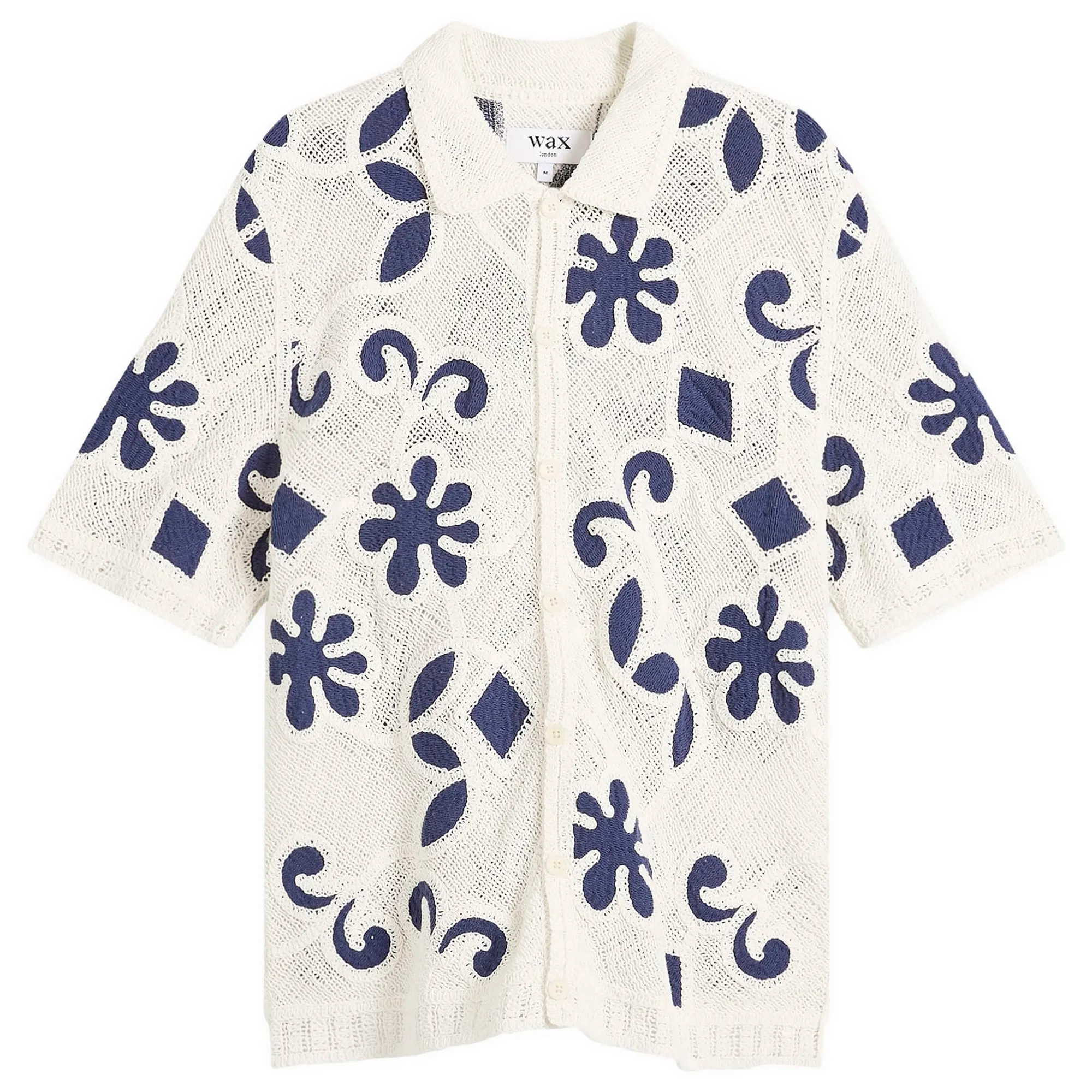 Wax London Men's Porto Doodle Crochet Polo Ecru/Dark Blue