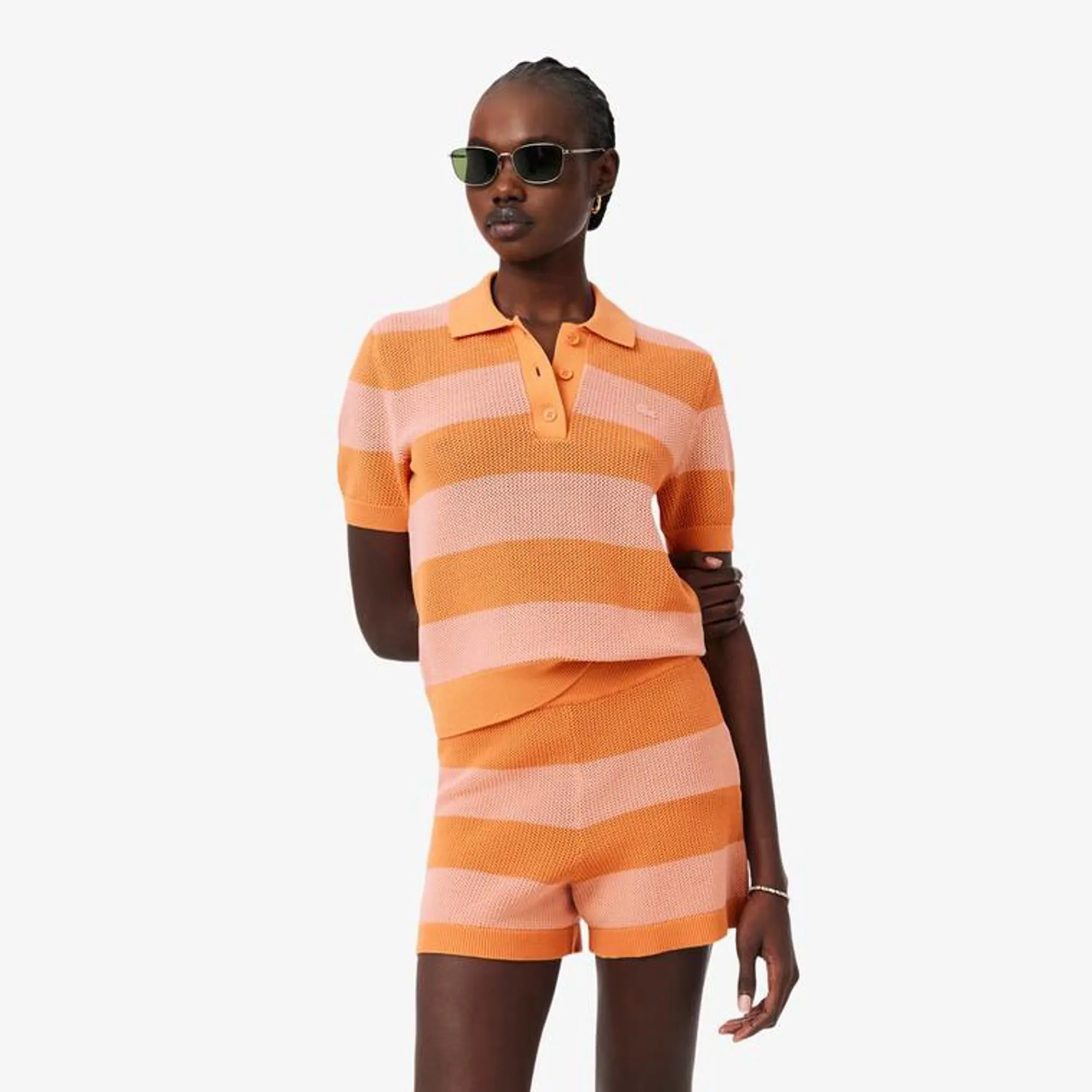Lacoste Striped Mesh Knit Polo Collar Sweater - Orange / Rose