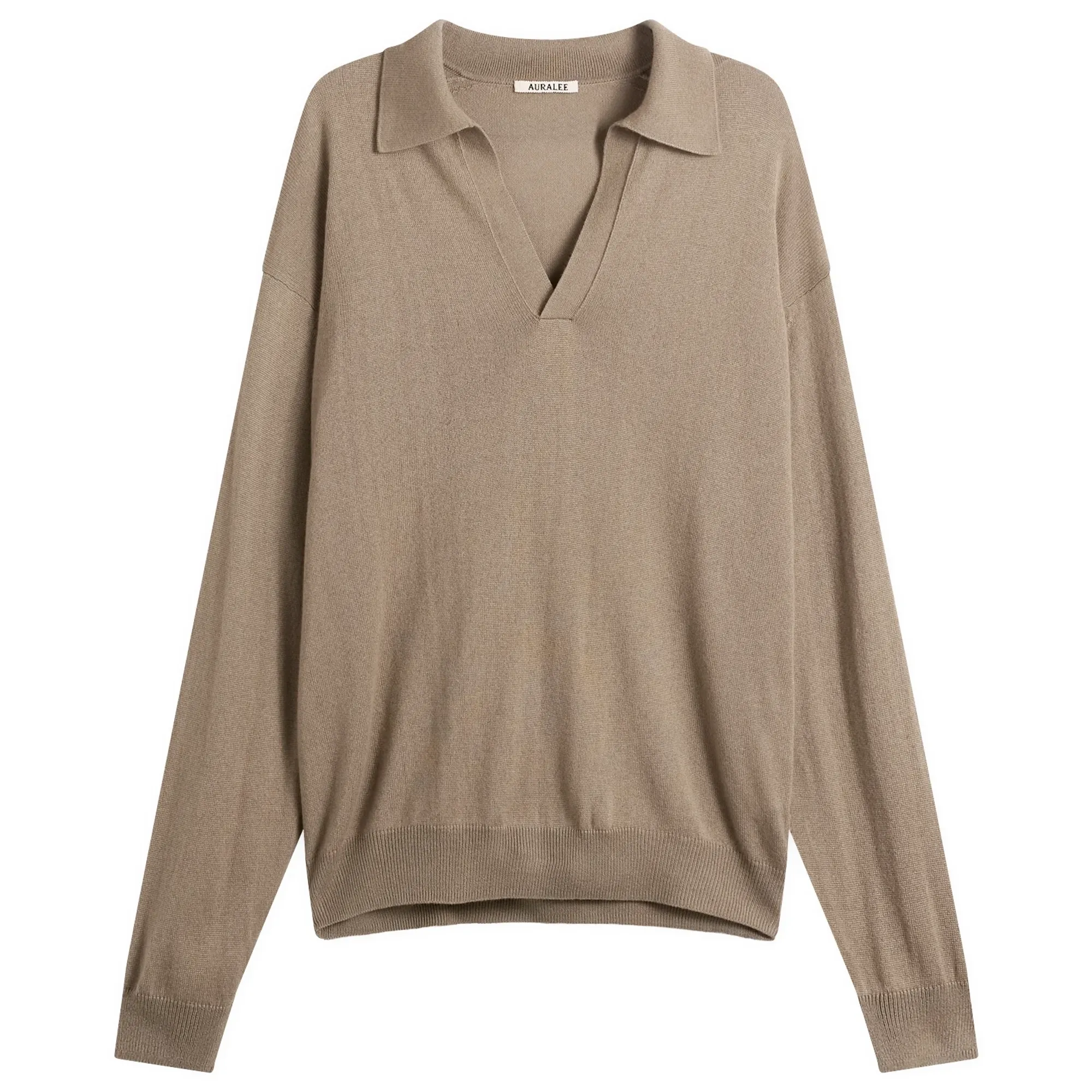 Auralee Men's Cashmere Silk Knit Skipper Polo Khaki Brown