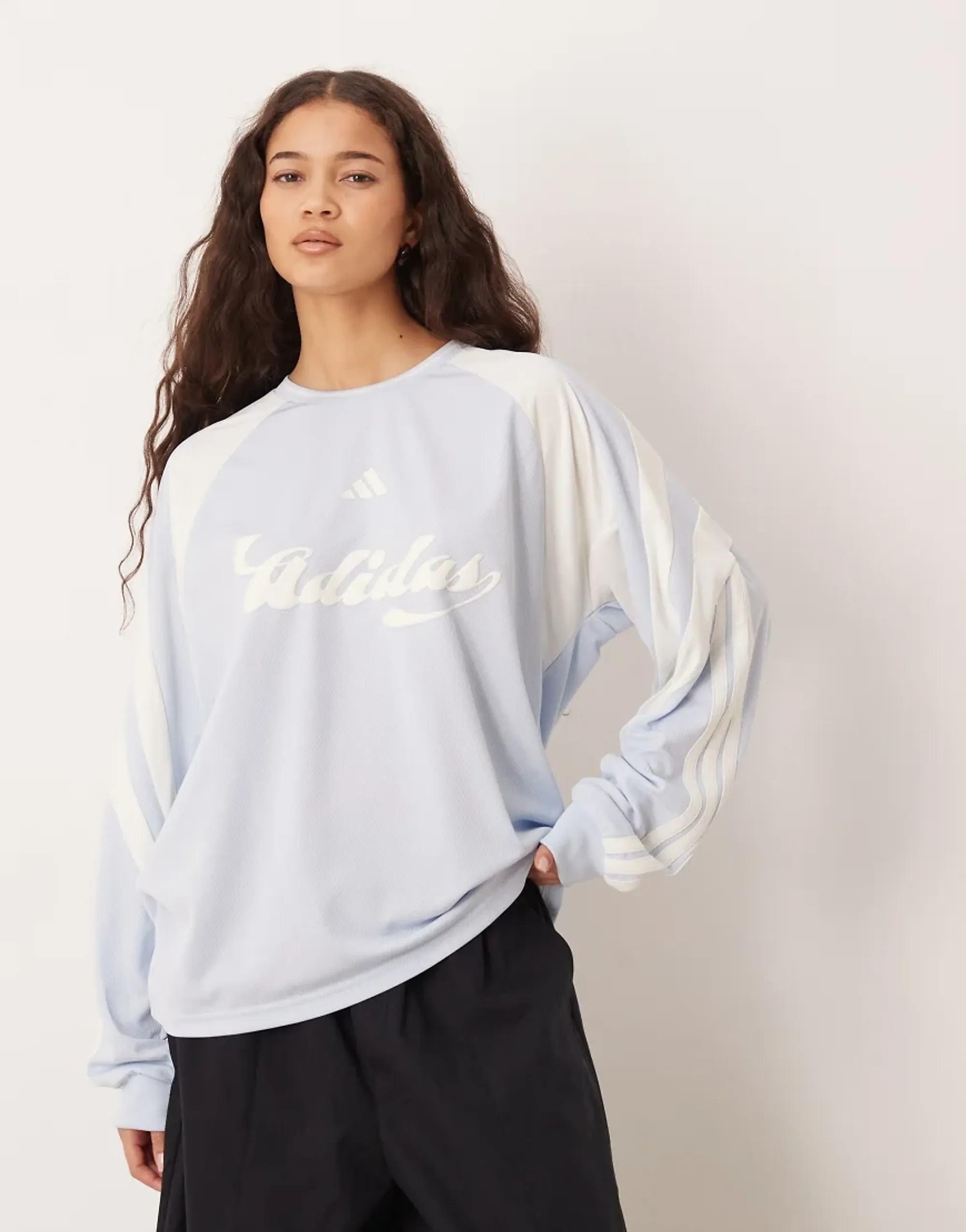 Adidas Originals Long Sleeve Logo T-Shirt In Sky Blue And White