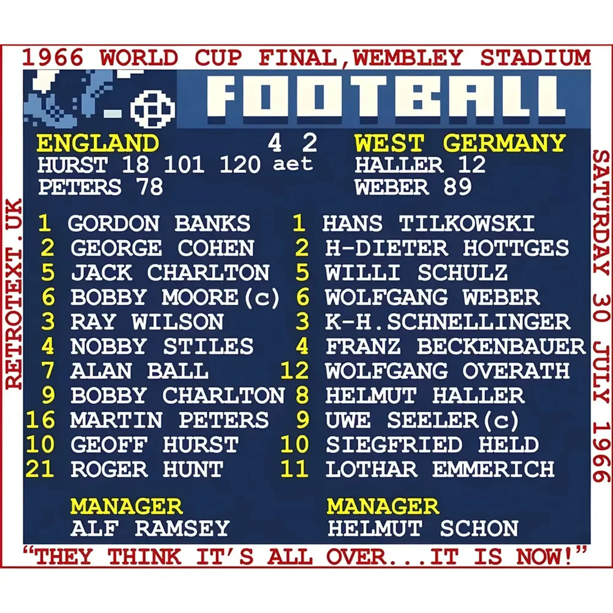 1966 World Cup Final (England) Retrotext T-Shirt - White