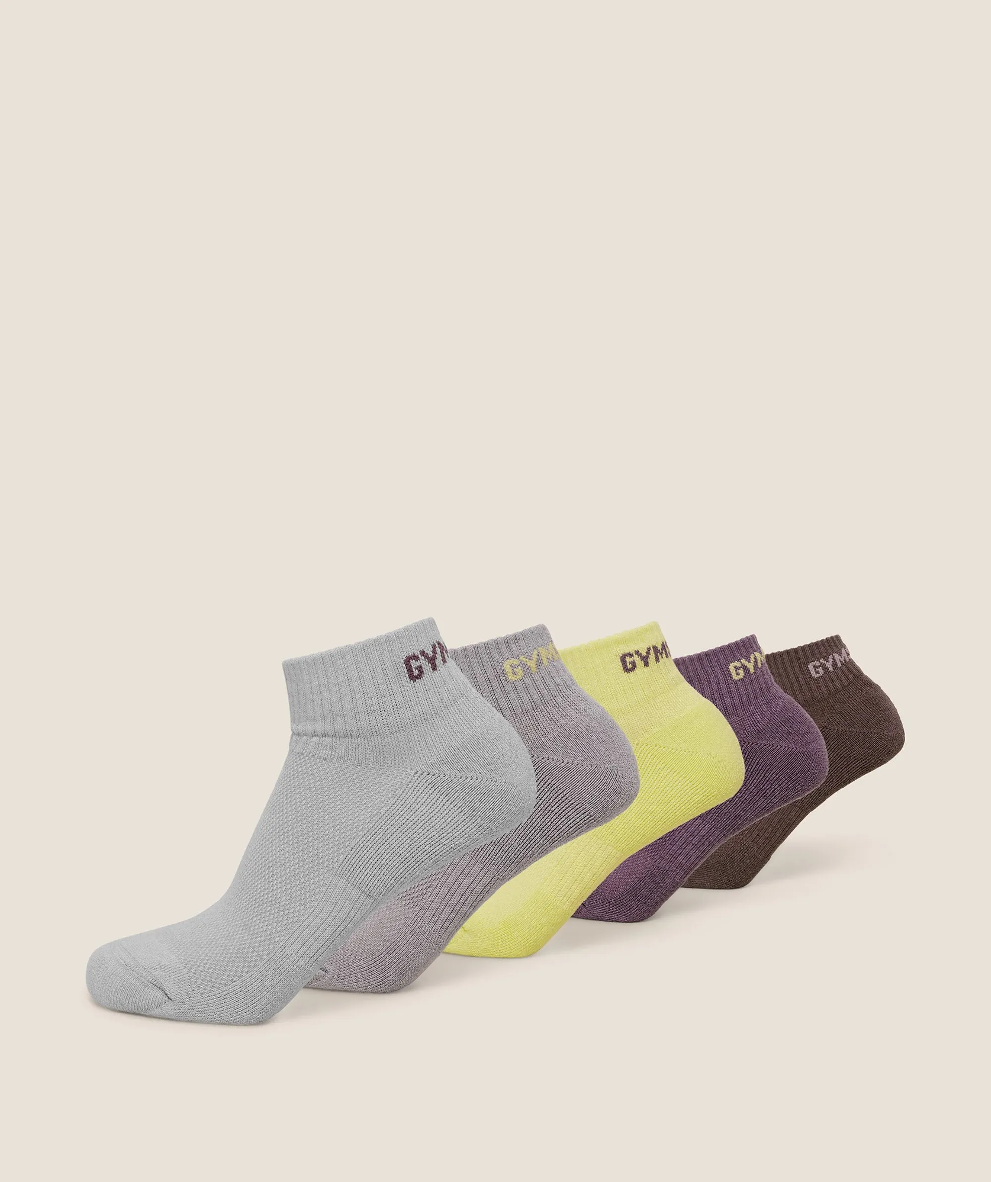 Gymshark Quarter Socks 5pk -  Light Grey /  Stratus Grey /  Sorbet Yellow /  Dusk Purple /  Cool Brown