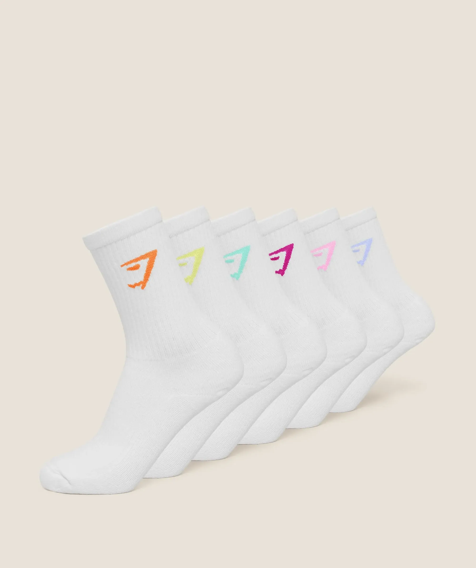 Gymshark Crew Socks 6pk -  White /  Chilled Blue /  Focus Pink /  Super-Set Pink /  Pop Turquoise /  Sorbet Yellow /  Dayglow Peach