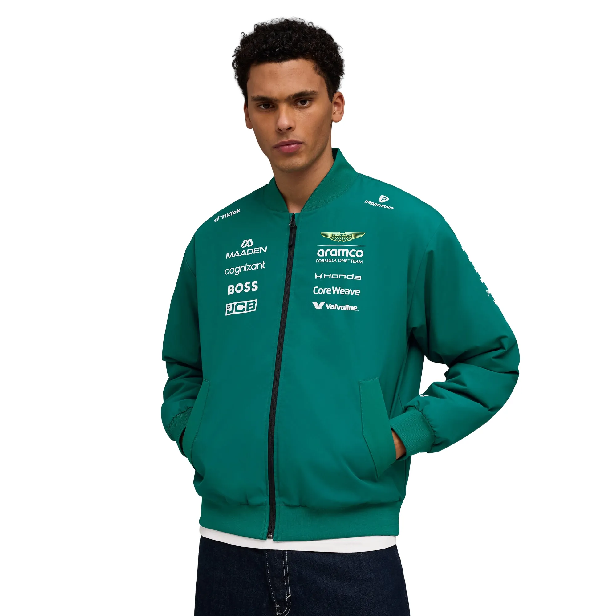 PUMA x ASTON MARTIN ARAMCO F1Â® TEAM Replica Bomber Jacket Men in Green | Size Small