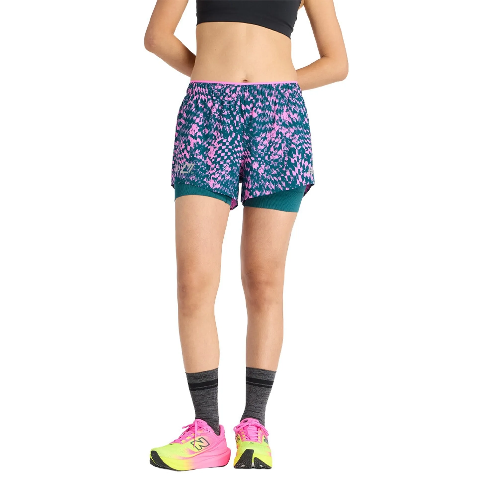 New Balance Women's London Edition RC Printed 2-in-1 3 Short in Pink Nylon