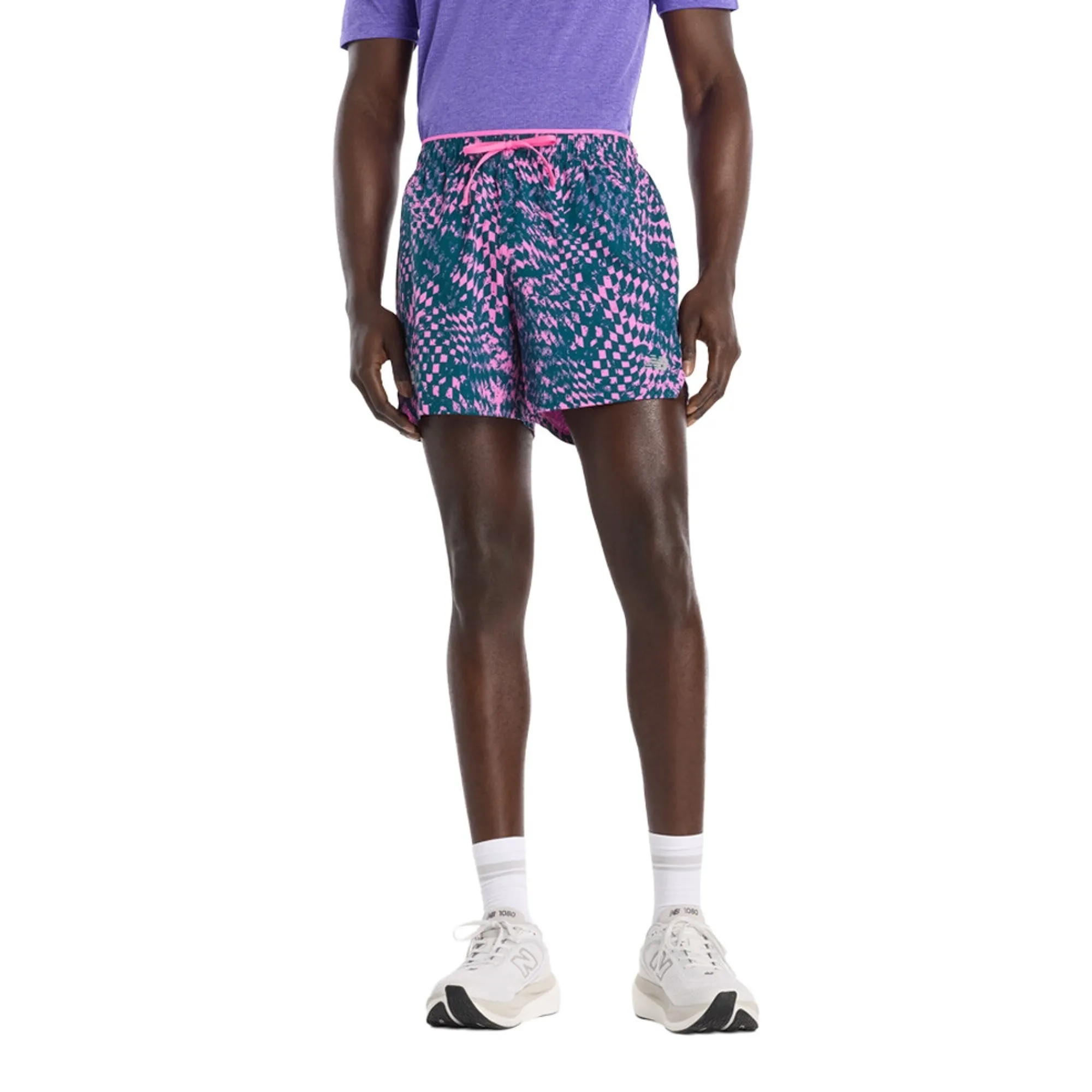 New Balance Men's London Edition RC Printed Short 5" in Pink/Green Nylon