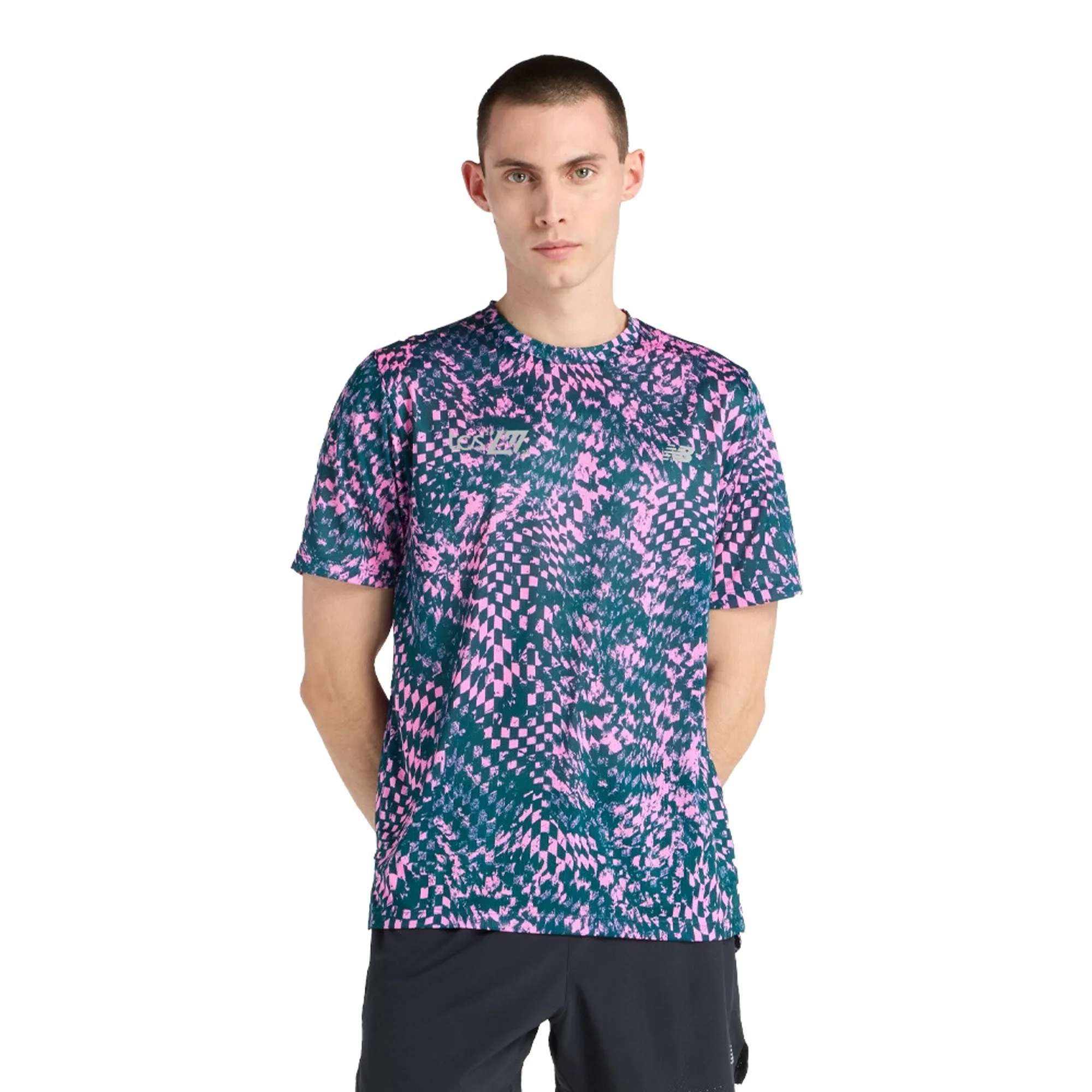 New Balance Men's London Edition RC Essential Printed T-Shirt in Pink/Green Polyester