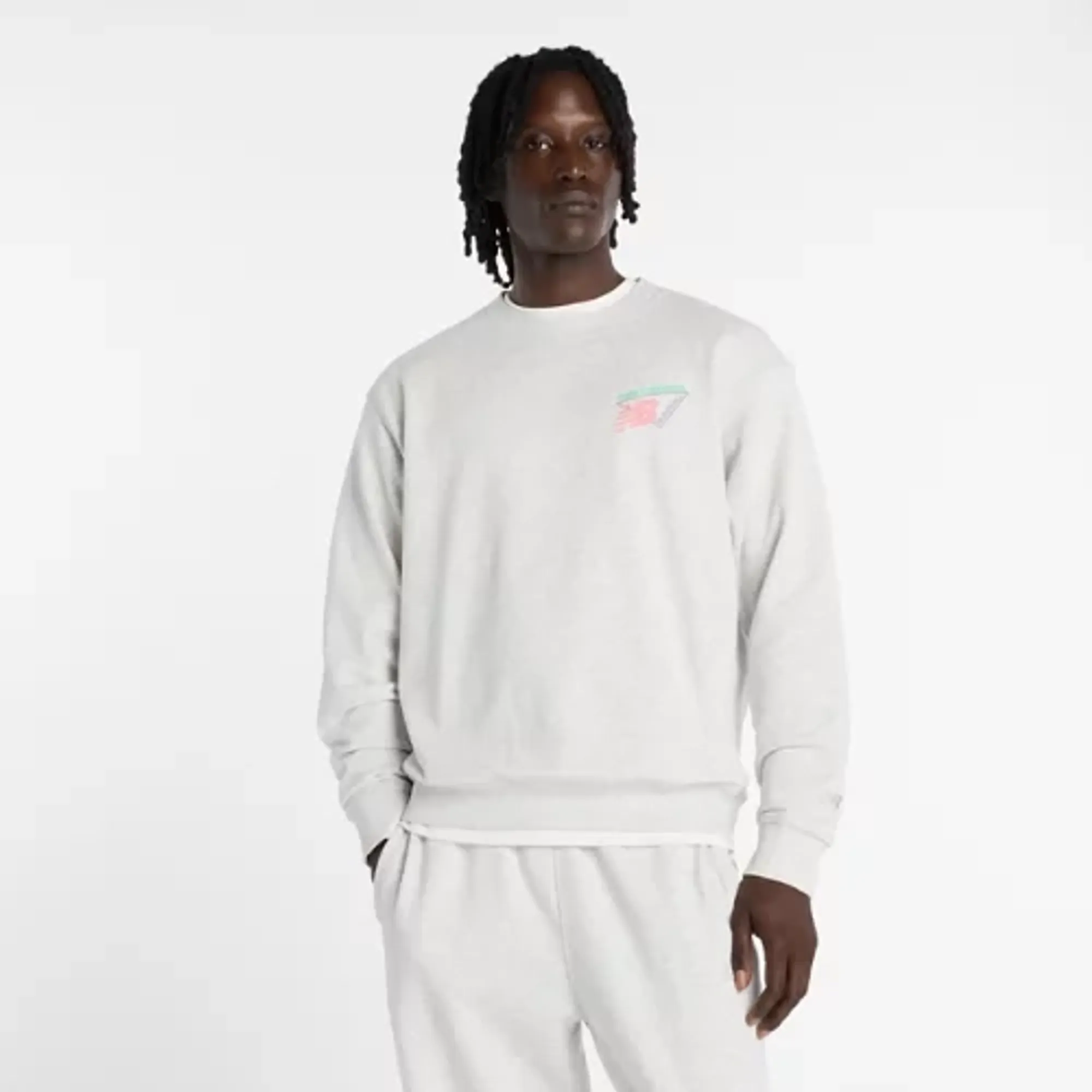 New Balance Men's Classic Tri-Logo French Terry Crew in Grey Cotton Fleece