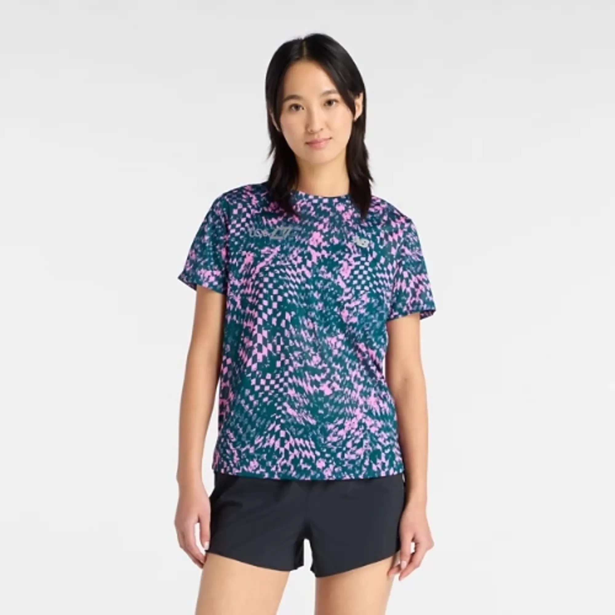 New Balance Women's London Edition RC Essential Printed T-Shirt in Pink/Green Polyester