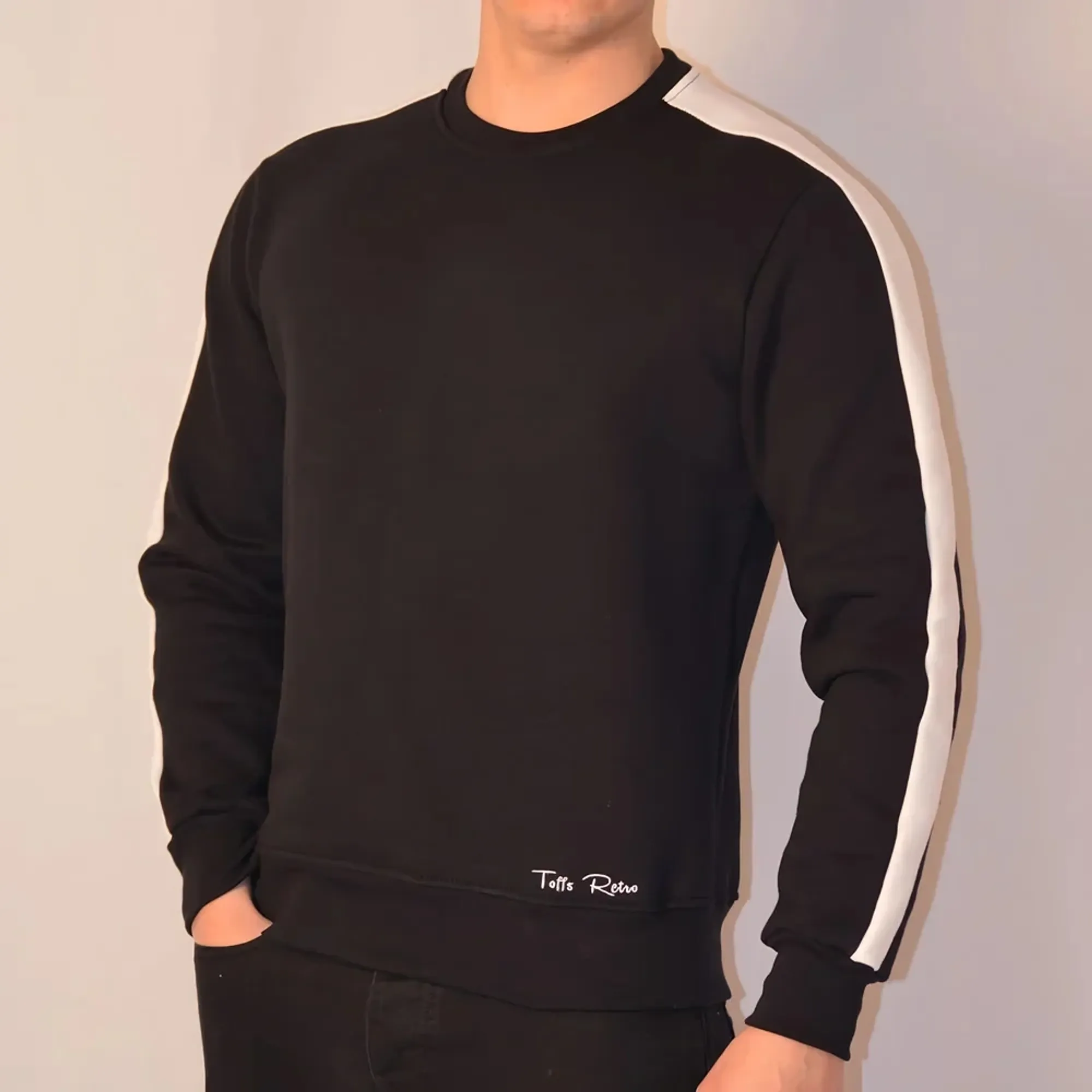 Toffs Retro Black Sweatshirt - White Sleeve Panels.