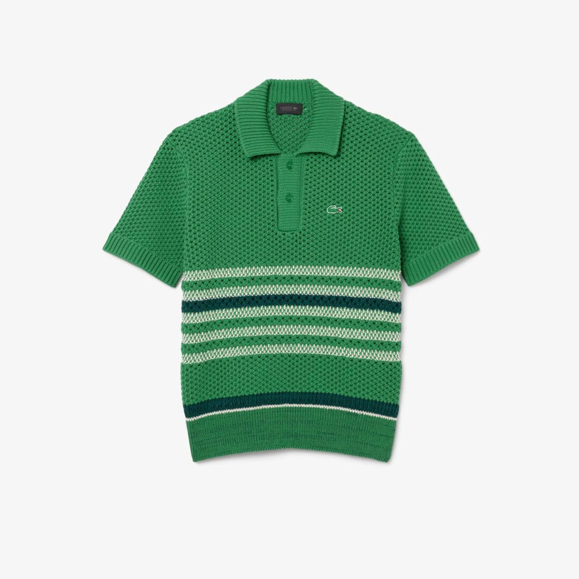Lacoste Runway Lacy Striped Polo Collar Sweater - Green / White