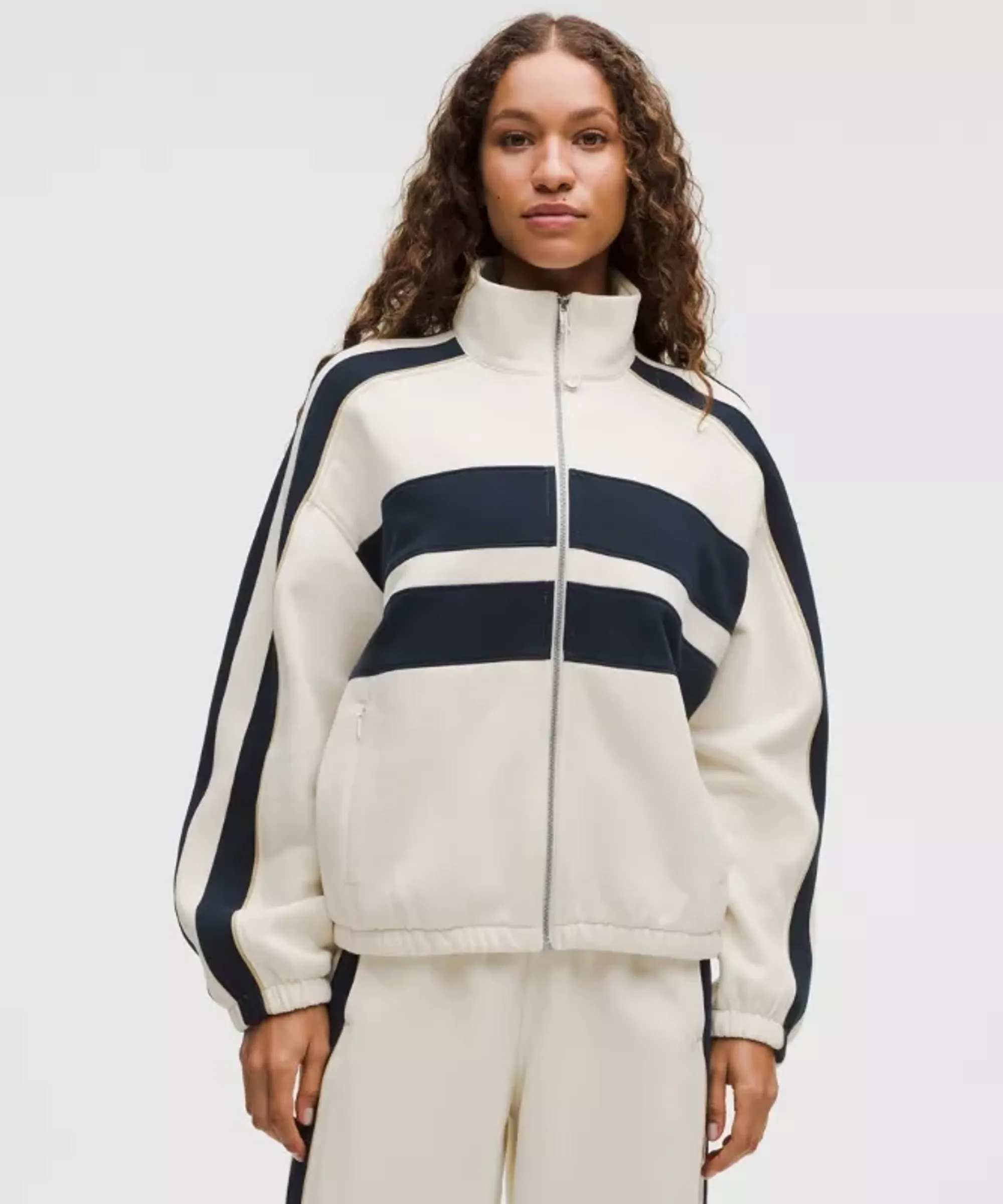 lululemon – Women's Steady State Oversized Funnel Full Zip Stripe – Color Khaki/White/Blue – Size Large