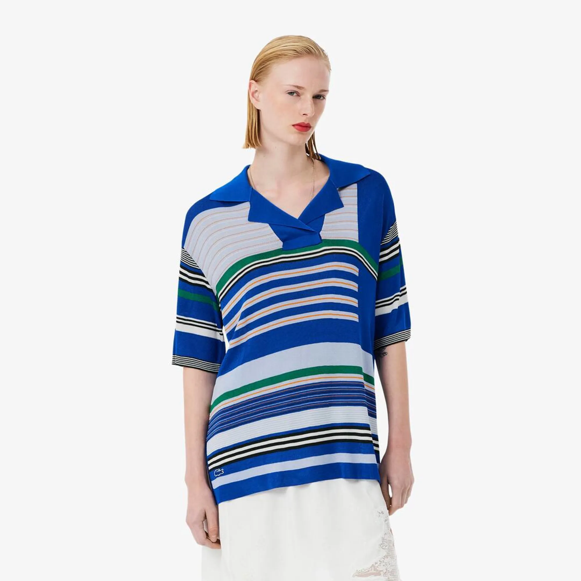 Lacoste Runway Oversized Striped Satin Piqué Polo Shirt - Bleu / Blanc
