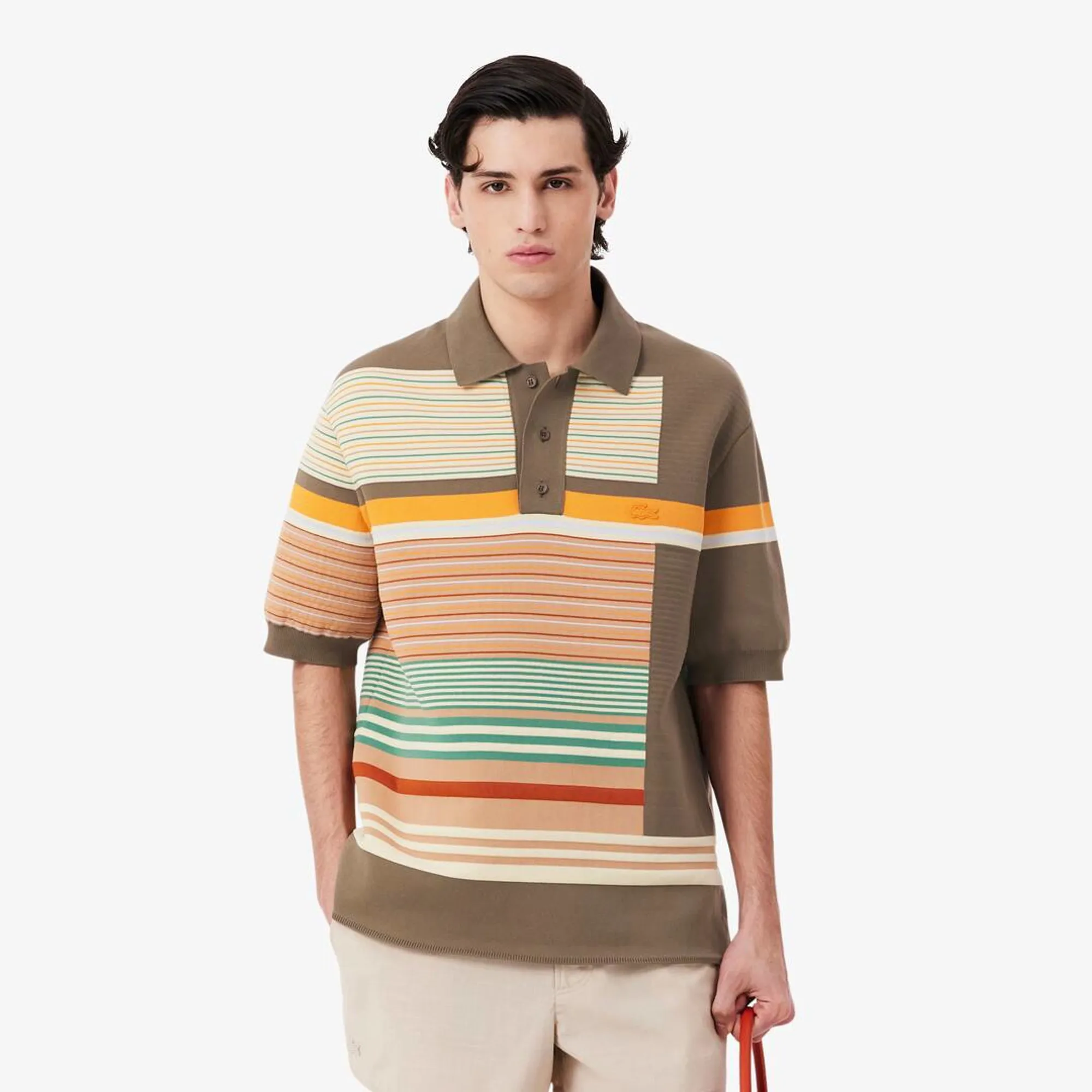 Lacoste Runway Textured Stripe Polo Collar Sweater - Marron / Blanc