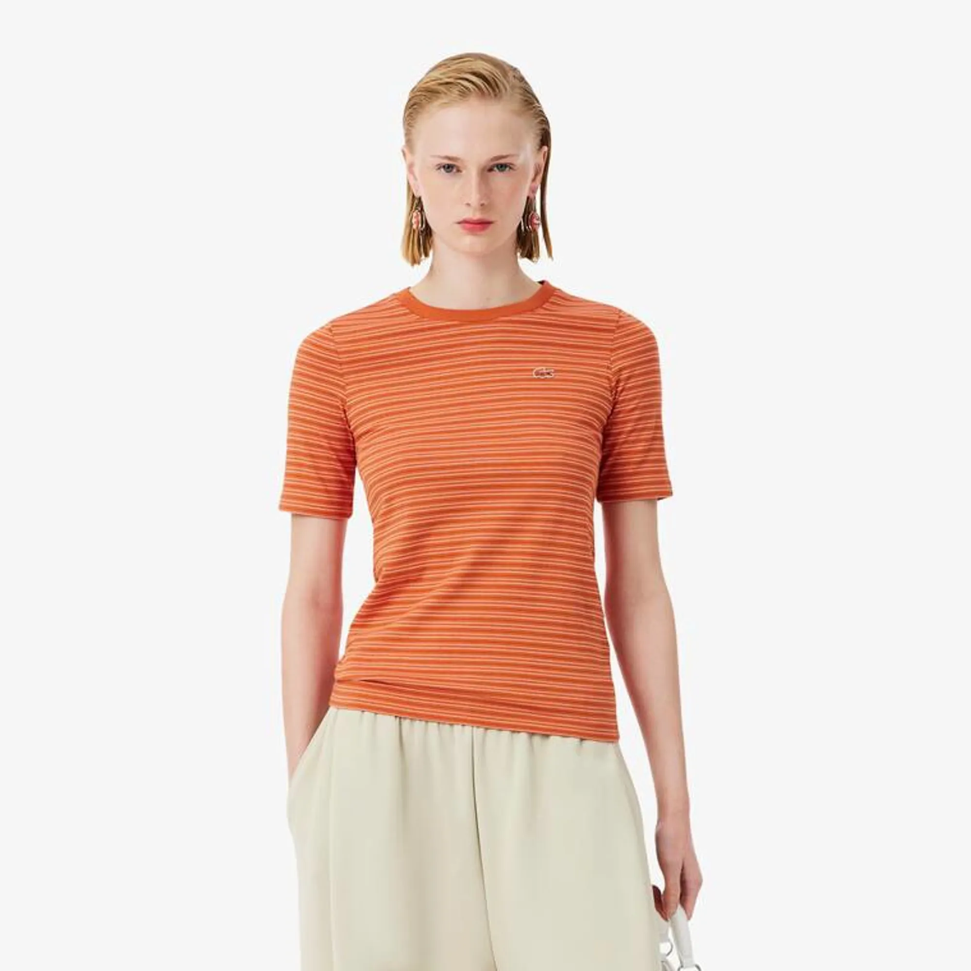 Lacoste Runway Striped Jersey T-shirt - Orange / Blanc