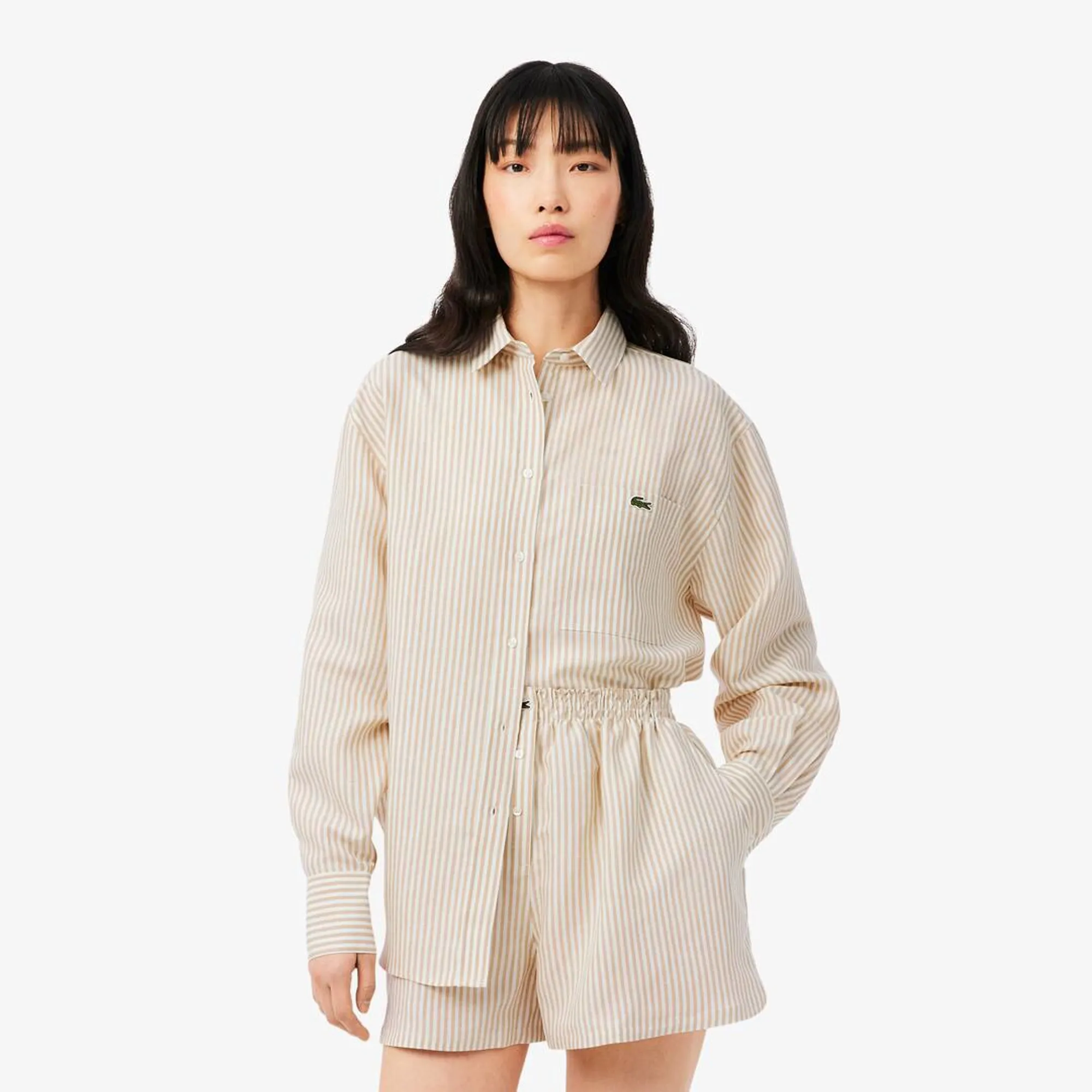 Lacoste Oversized Linen Blend Shirt - Beige / Blanc