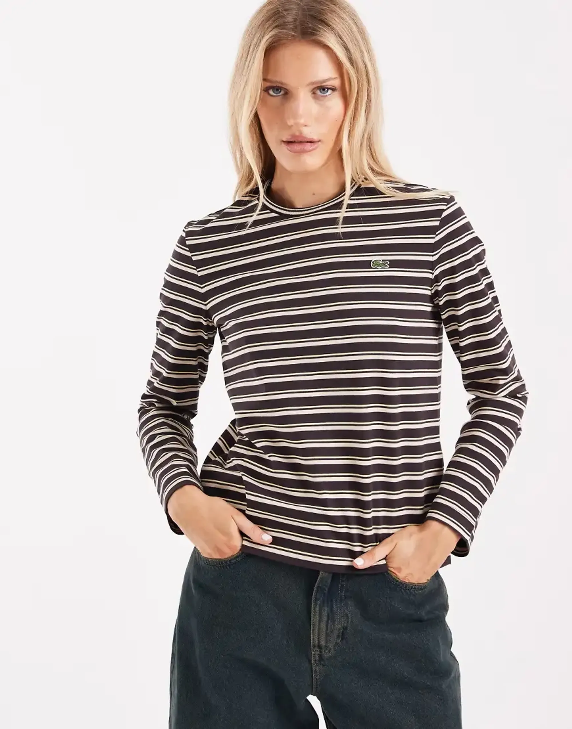 Lacoste Long Sleeve Striped T-Shirt In Brown